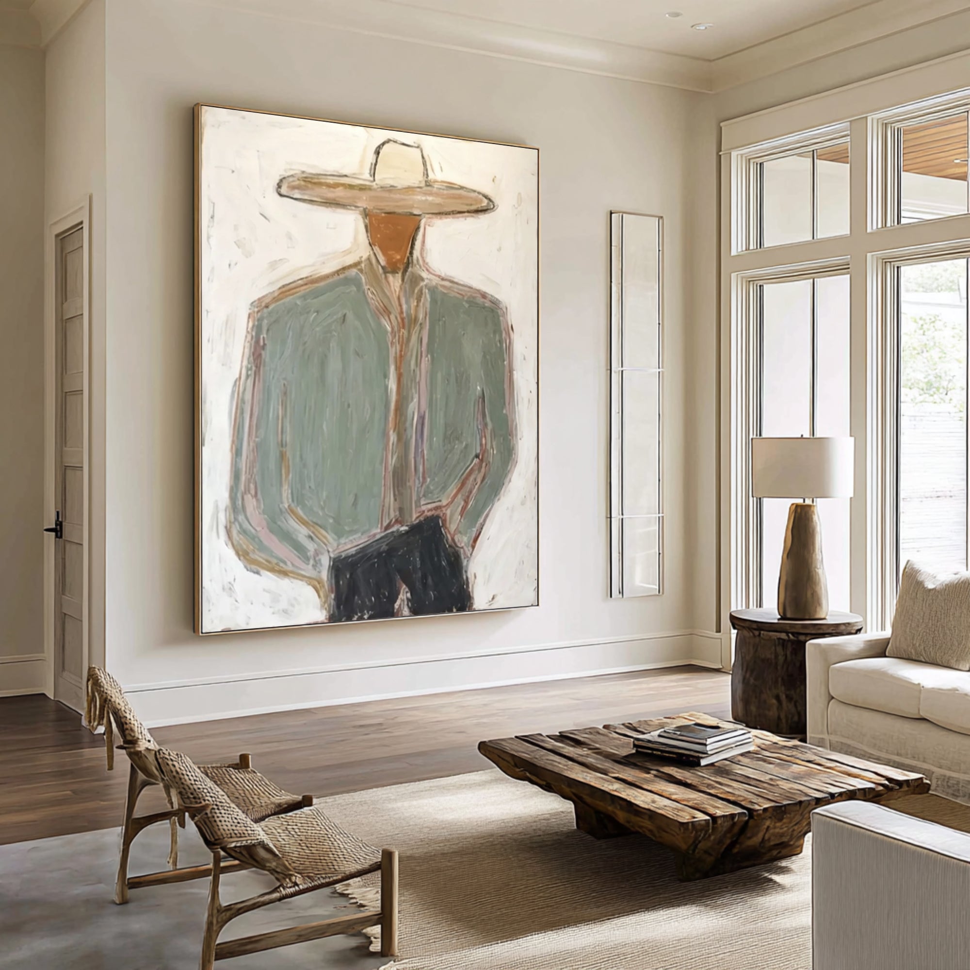 Contemporary Western Cowboy Portrait Painting Large Neutral Wall Decor