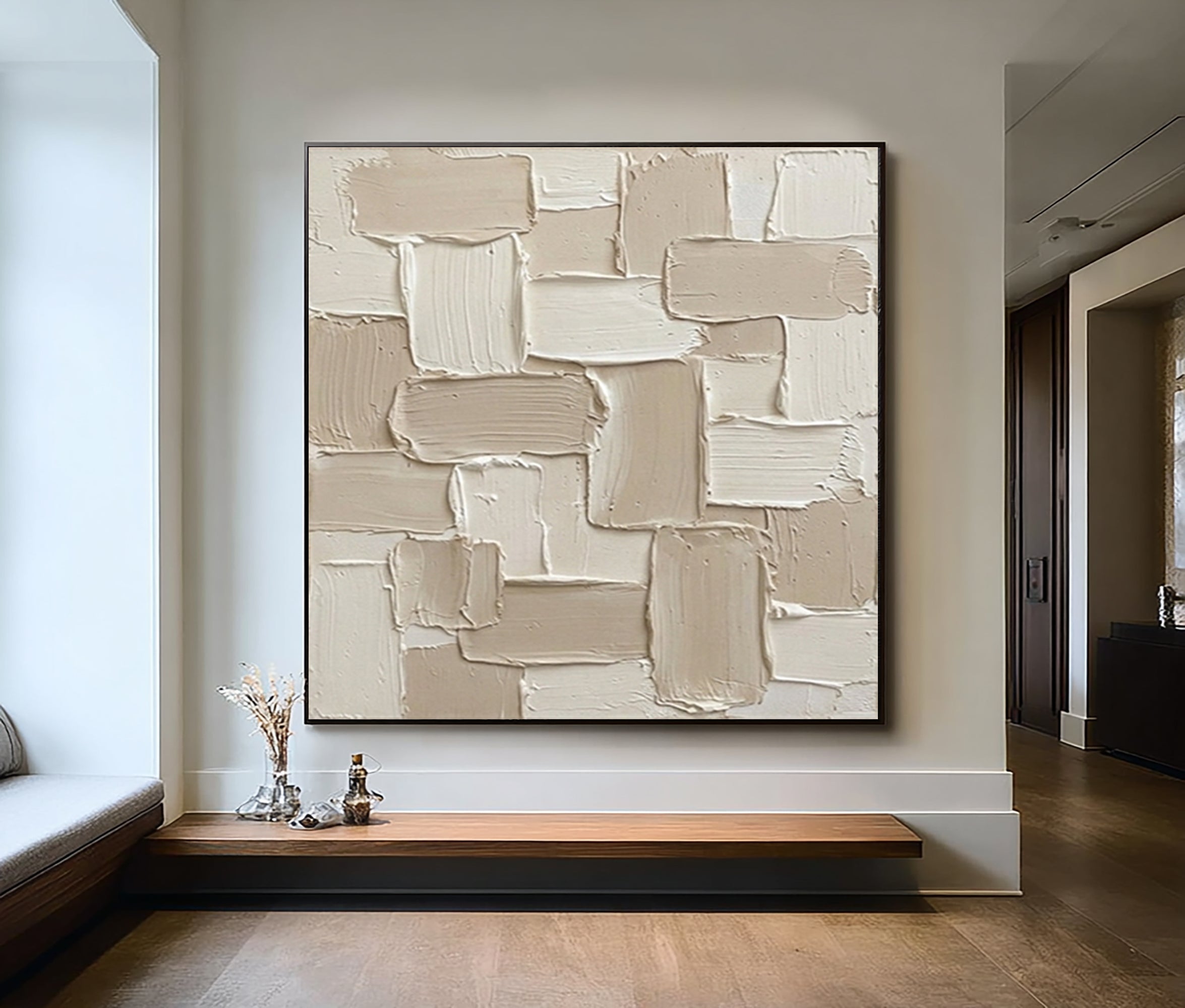 Large Layered Architectural Block Wall Art Neutral Contemporary Sculptural Painting