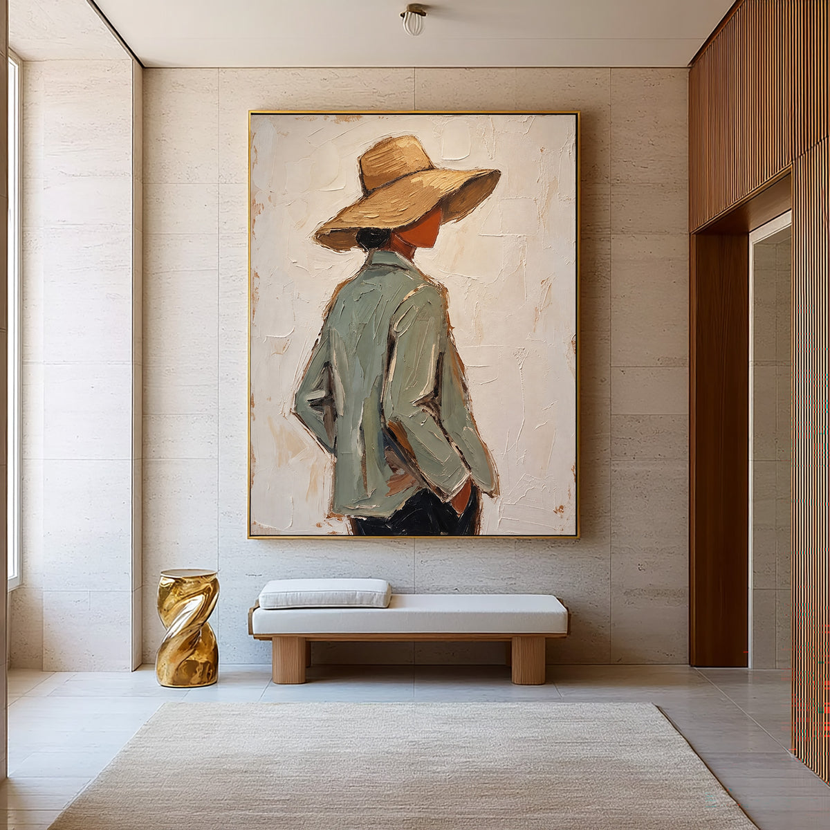 Large Textured Western Oil Painting Modern Cowboy Hat Portrait Wall Art