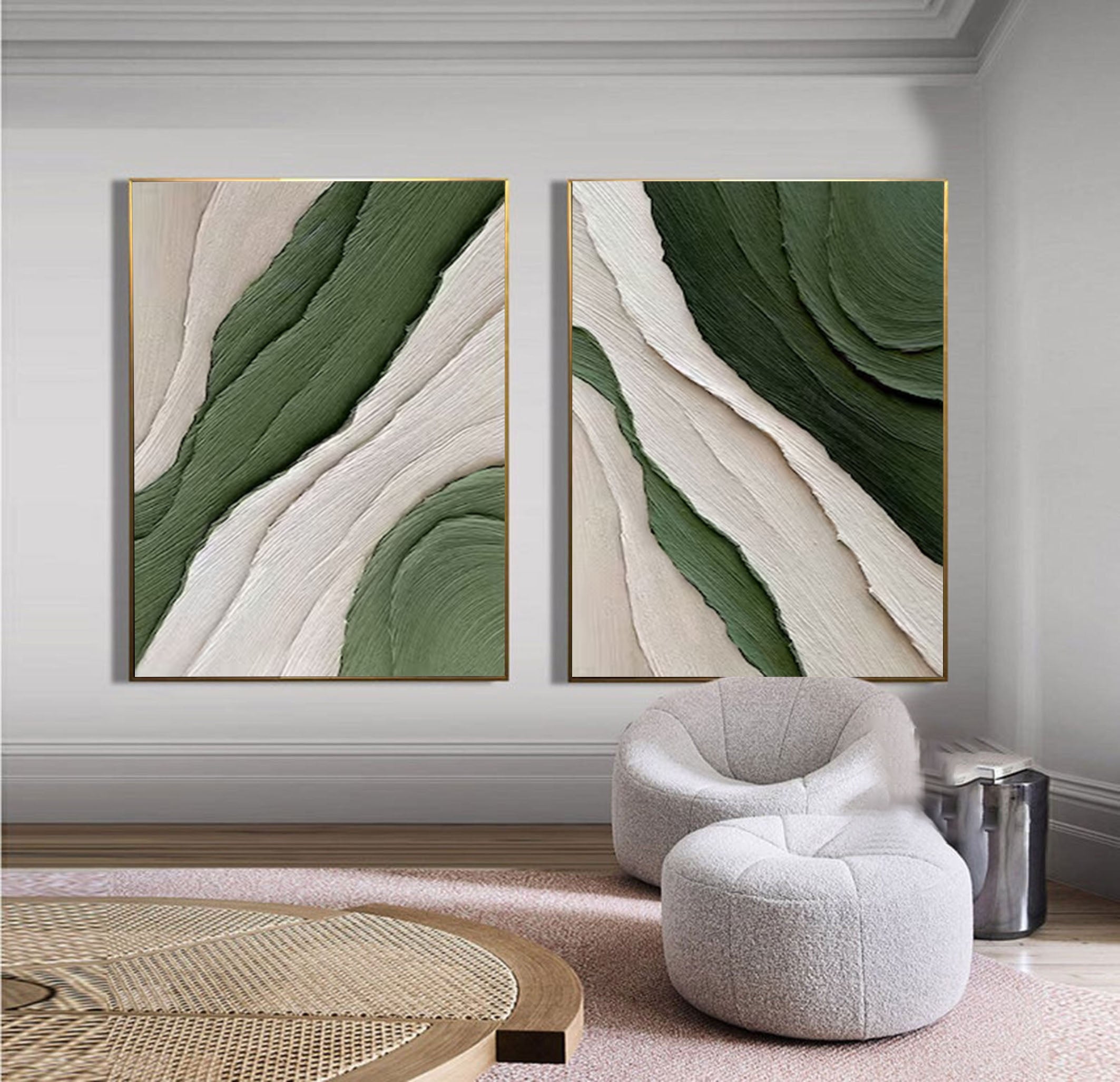 Modern Green and White Abstract Wall Art Dual Panel Design #MMAS 067