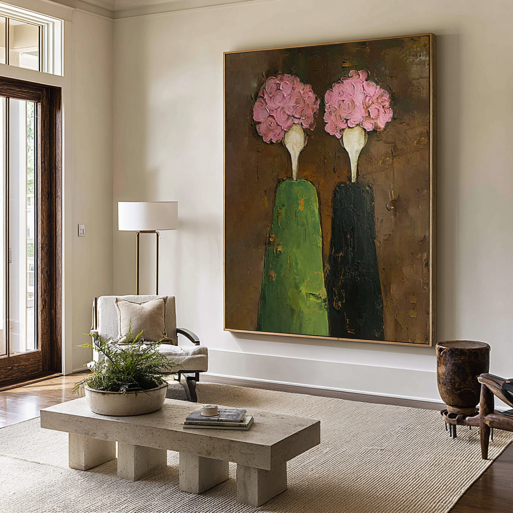 Abstract Figurative Oil Painting with Pink Florals #CZ 049