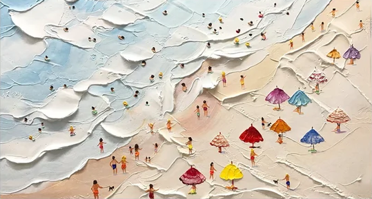 Sandy Stroll Large Textured Beach Scene with Colorful Umbrellas #OS 063