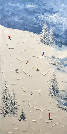 Winter Skiing Scene Wall Art Textured Canvas for Modern Mountain Home Decor #ASP 007