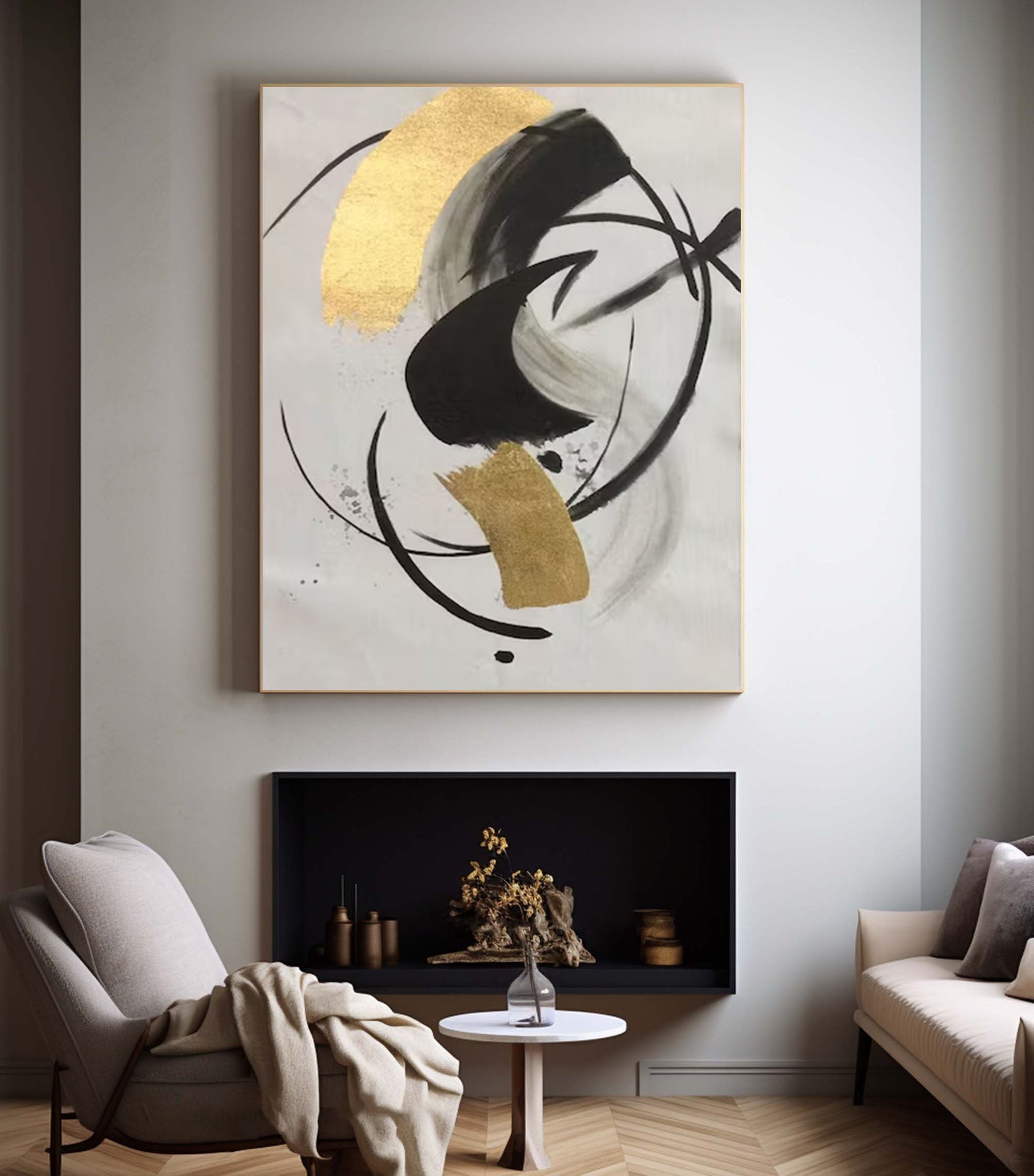 Abstract Black and Gold Painting Large Canvas Art for Modern Homes #AP 040