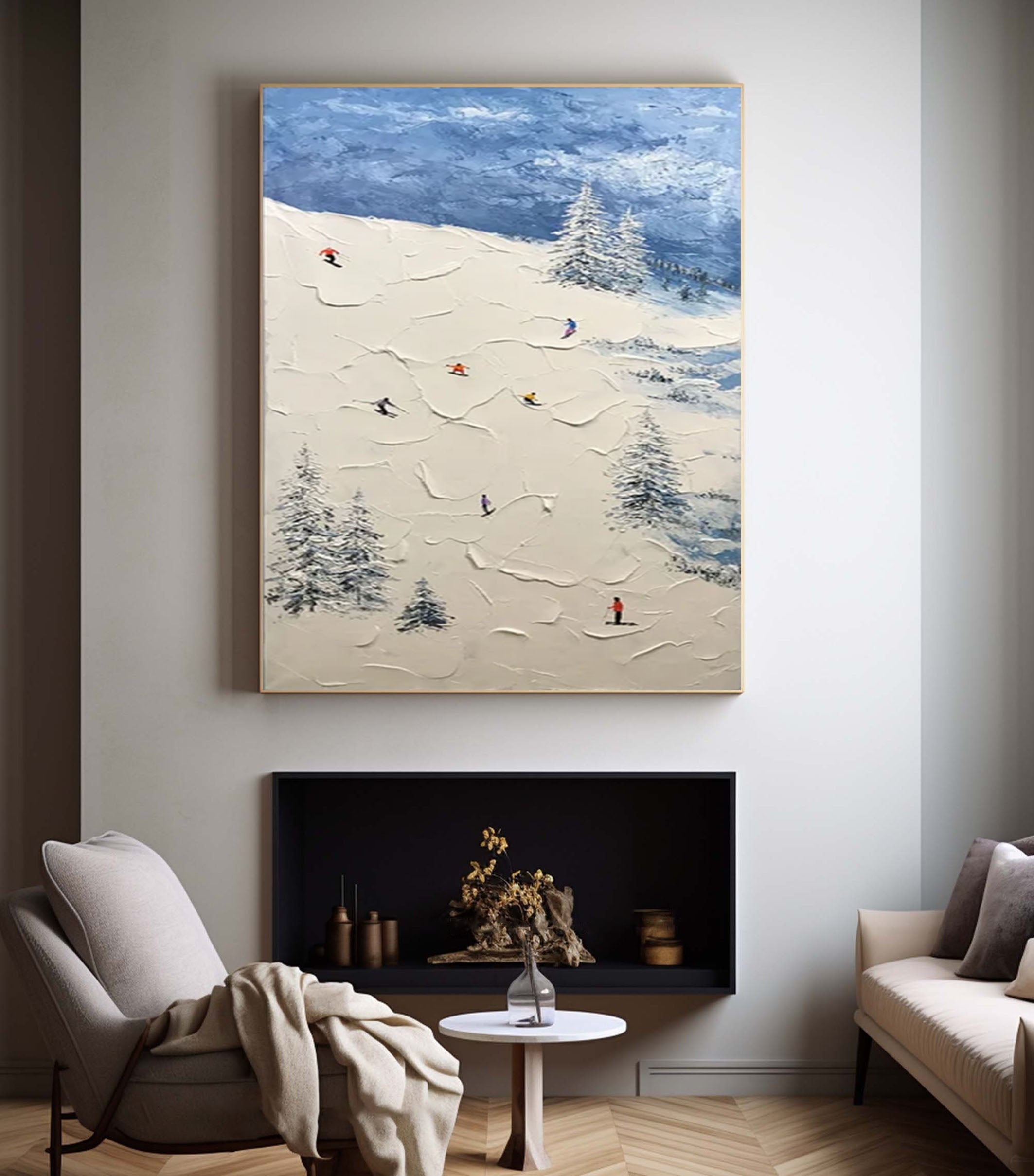 Winter Skiing Scene Wall Art Textured Canvas for Modern Mountain Home Decor #ASP 007