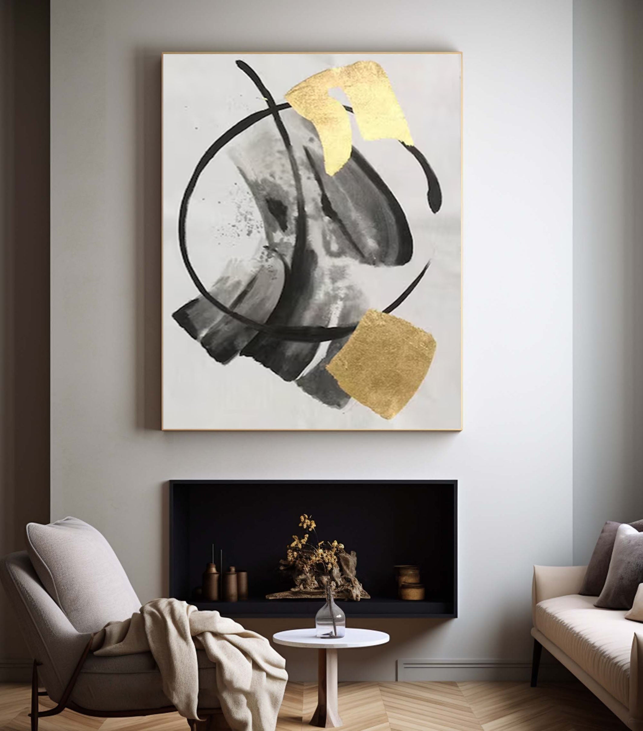 Abstract Black and Gold Painting Large Canvas Art for Modern Homes #AP 041