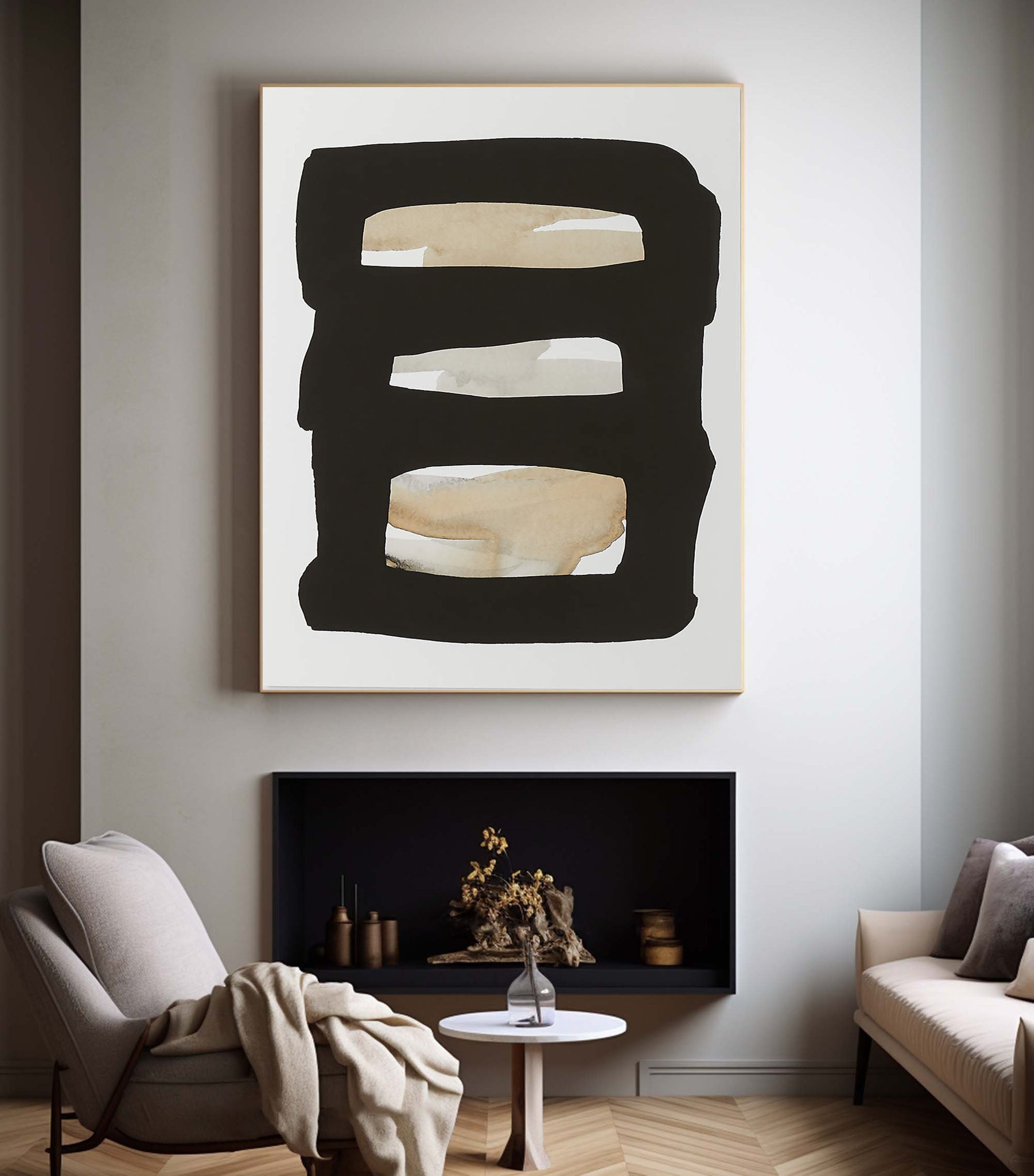 Horizontal Stripes Abstract - Black Beige Canvas Art #MMA 190