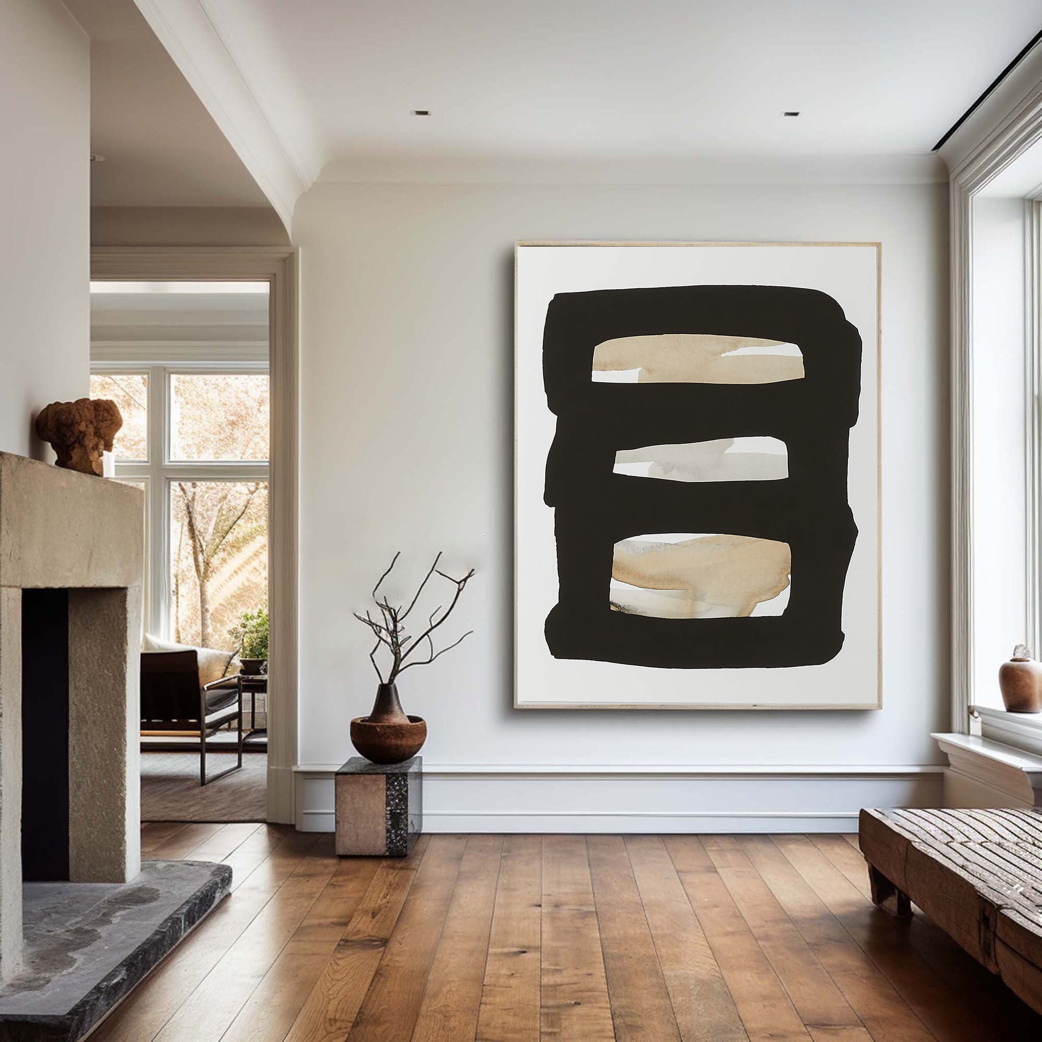 Horizontal Stripes Abstract - Black Beige Canvas Art #MMA 190