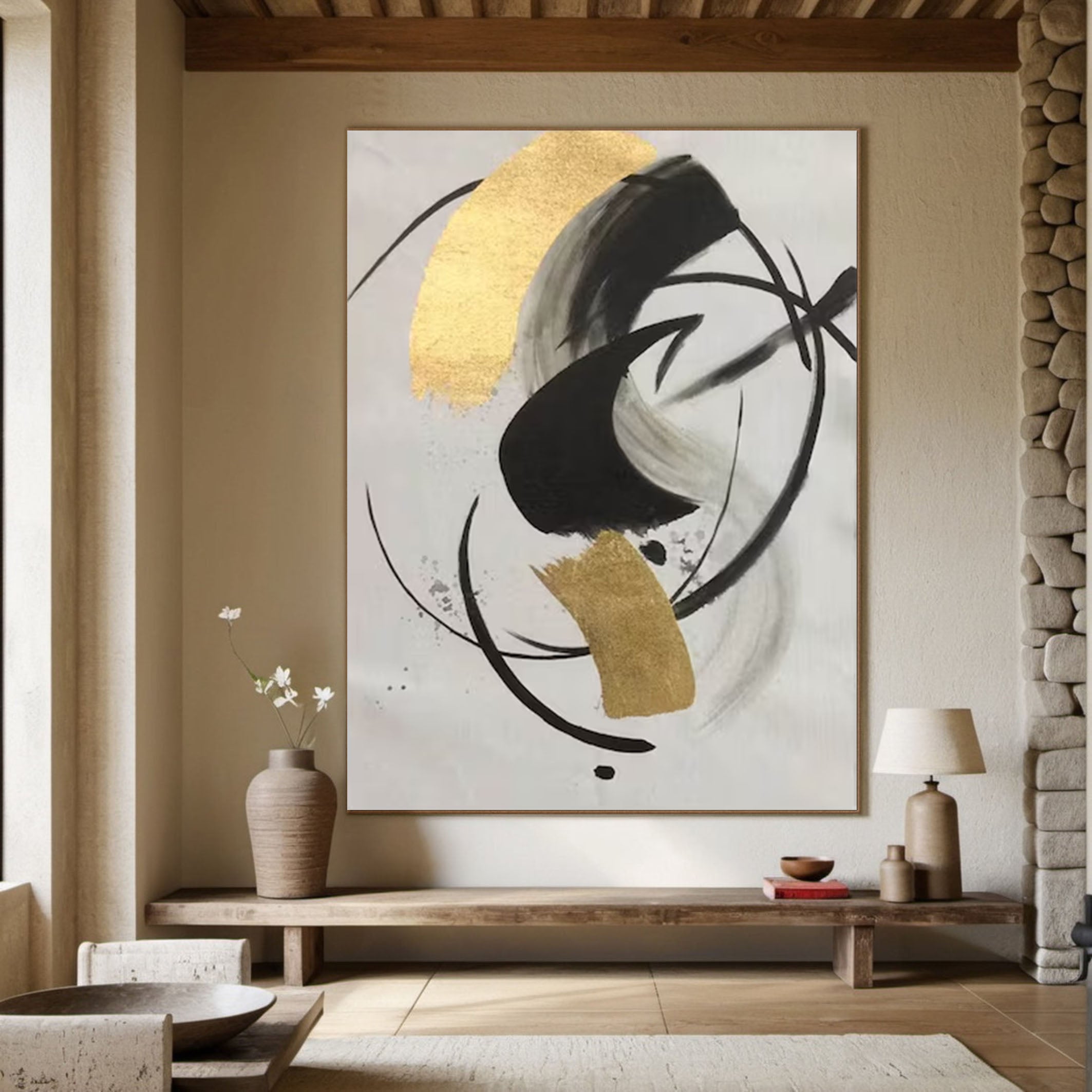 Abstract Black and Gold Painting Large Canvas Art for Modern Homes #AP 040