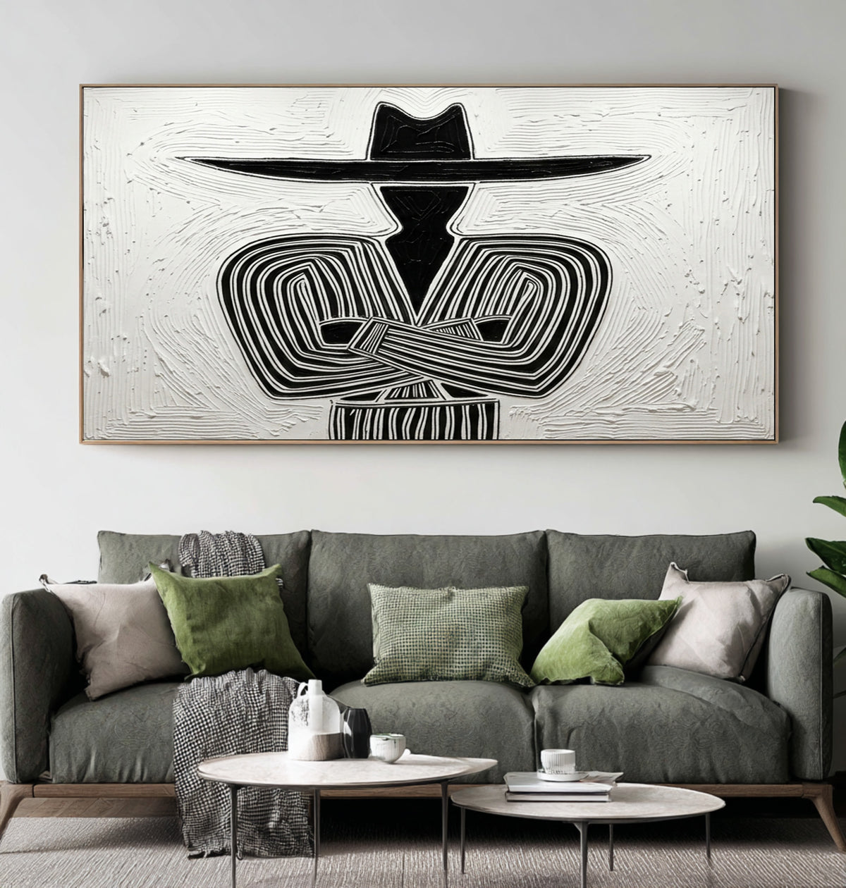 Large Textured Western Cowboy Painting Black White Rustic Wall Art