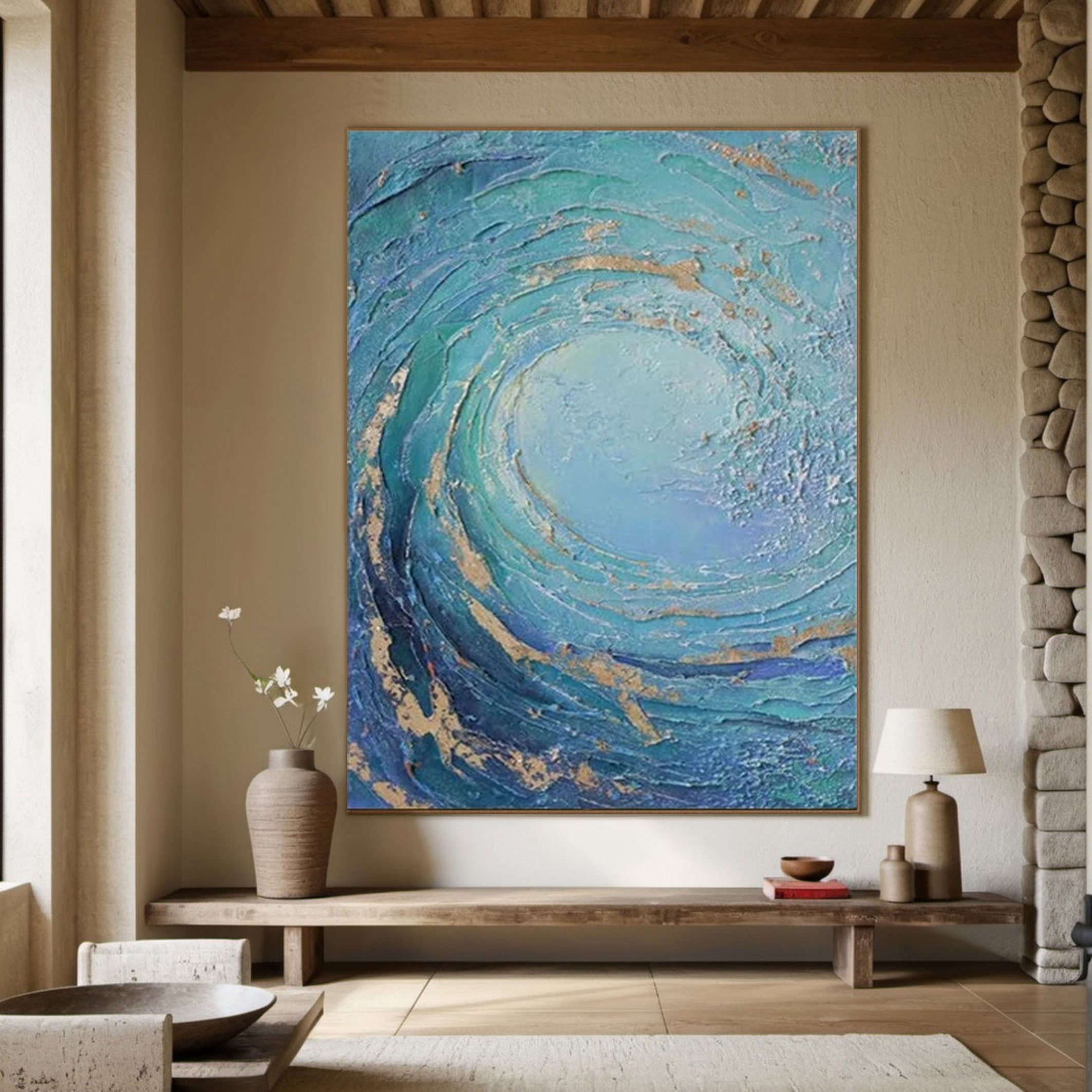 Large Ocean Wave Abstract Art Aqua Blue Canvas for Modern Homes #OS 056