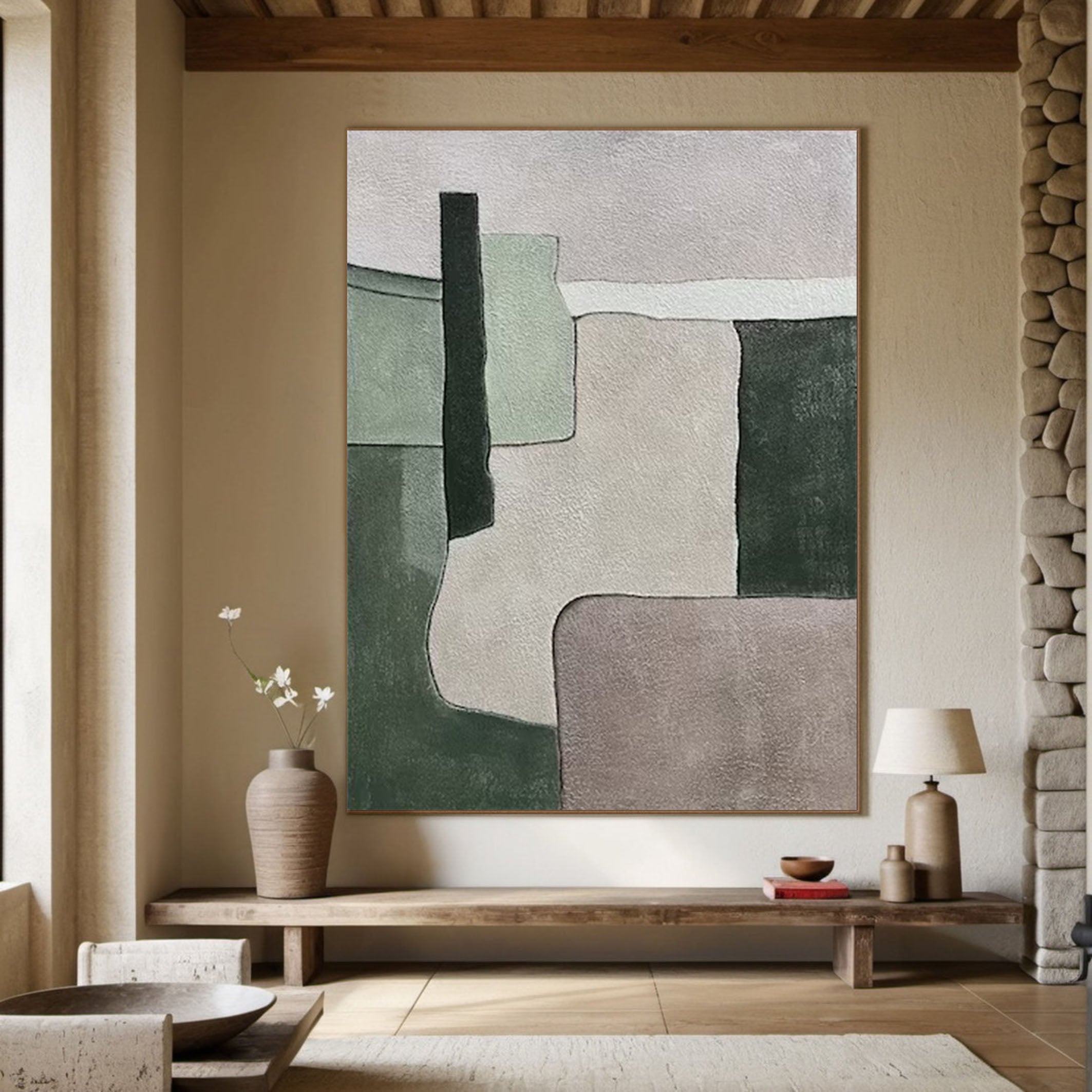 Modern Abstract Green and Beige Canvas Art #MMA 161