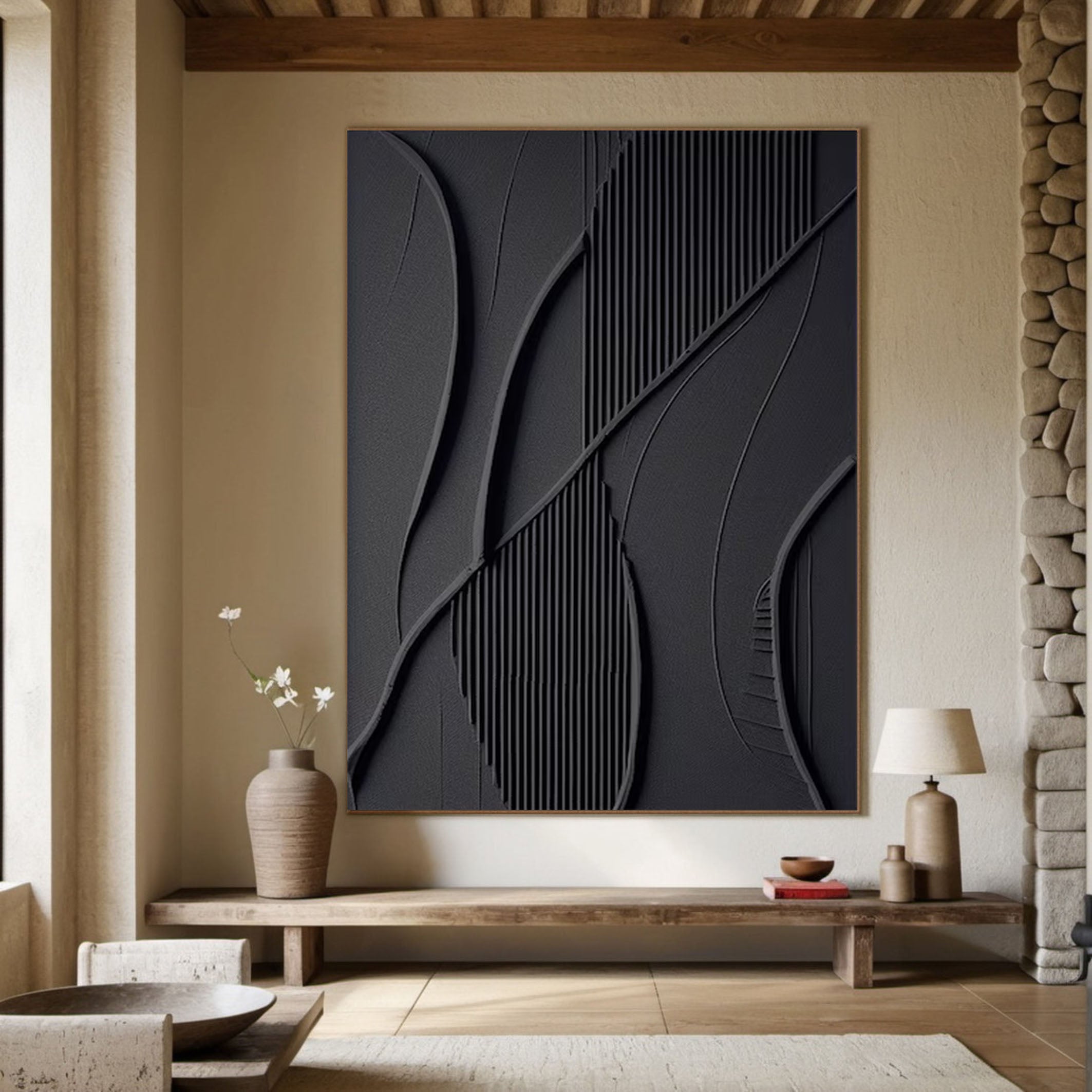 Modern Black Textured Abstract Painting Bold 3D Wall Art #MMA 166