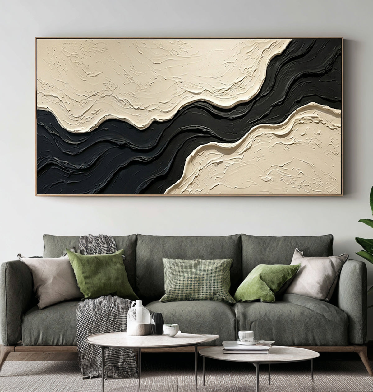 Large Contemporary Gallery Textured Abstract Wall Art Black Ivory Oil Painting Modern Luxury Interior Artwork