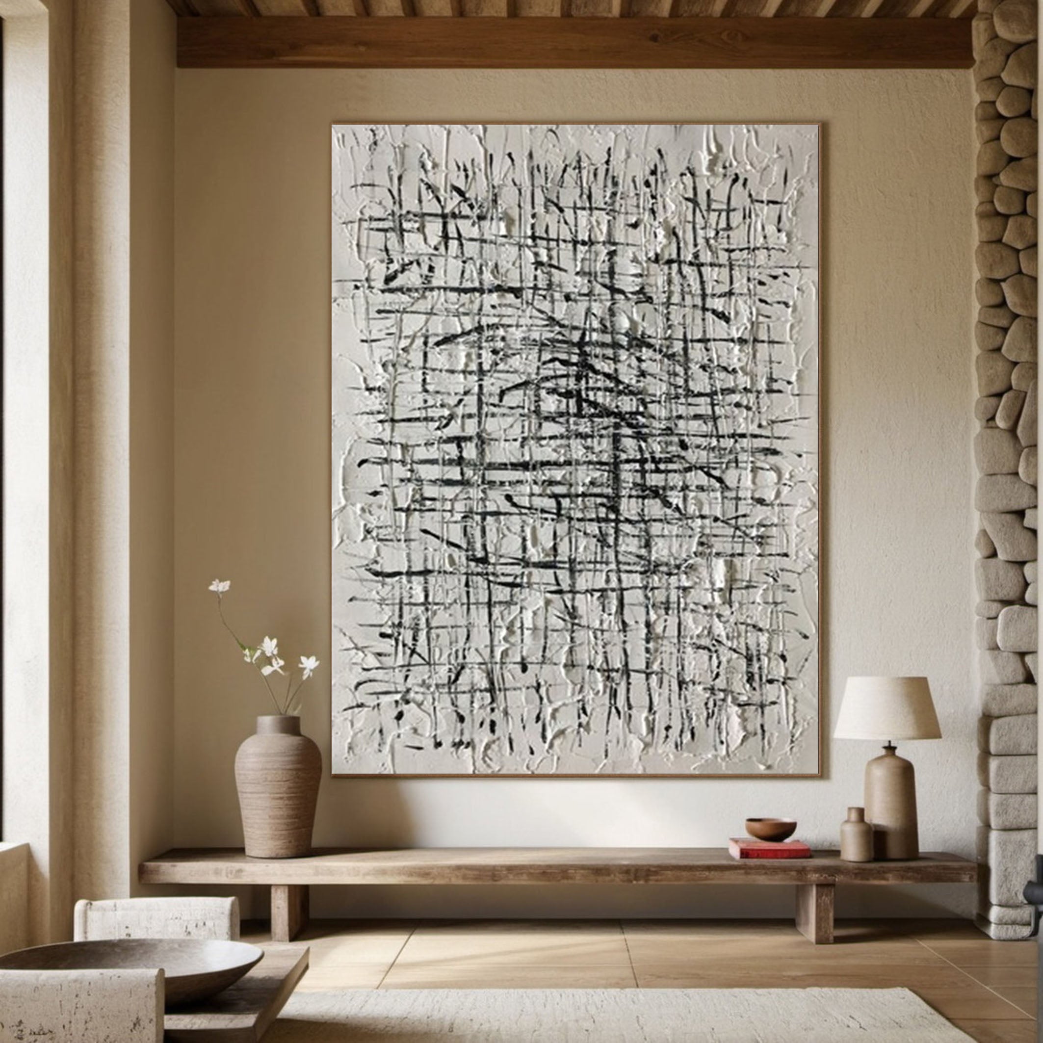 Intricate Chaos Abstract Black and White Textured Canvas #AP 045