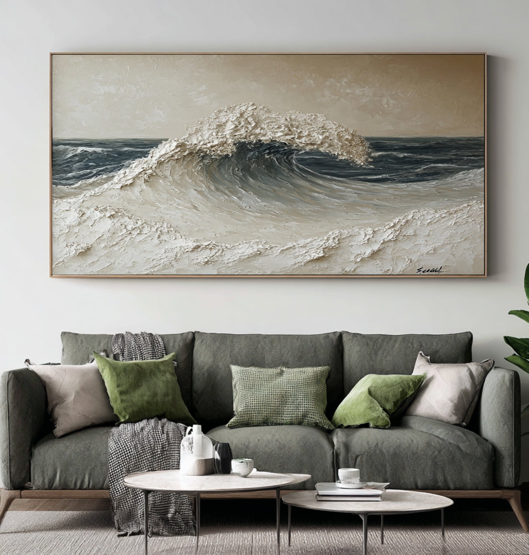 Large Abstract Ocean Wave Wall Art Textured Oil Painting Seascape Cowboy Cowgirl Inspired Vintage Americana Western Artwork Modern Home Decor
