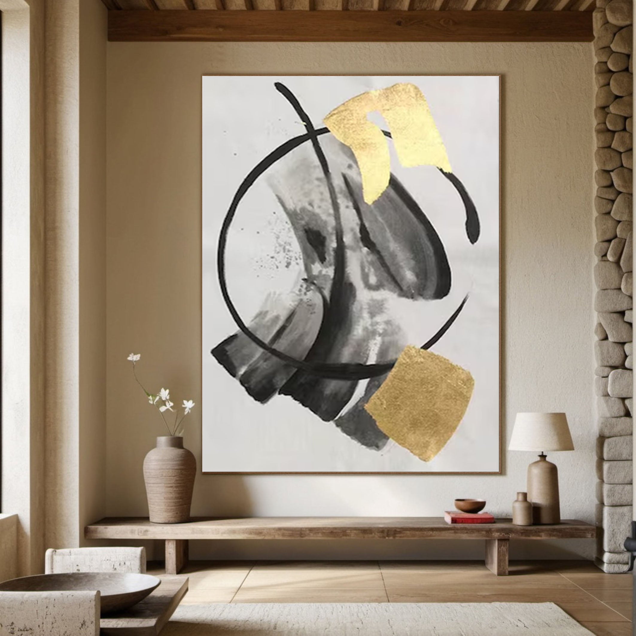 Abstract Black and Gold Painting Large Canvas Art for Modern Homes #AP 041