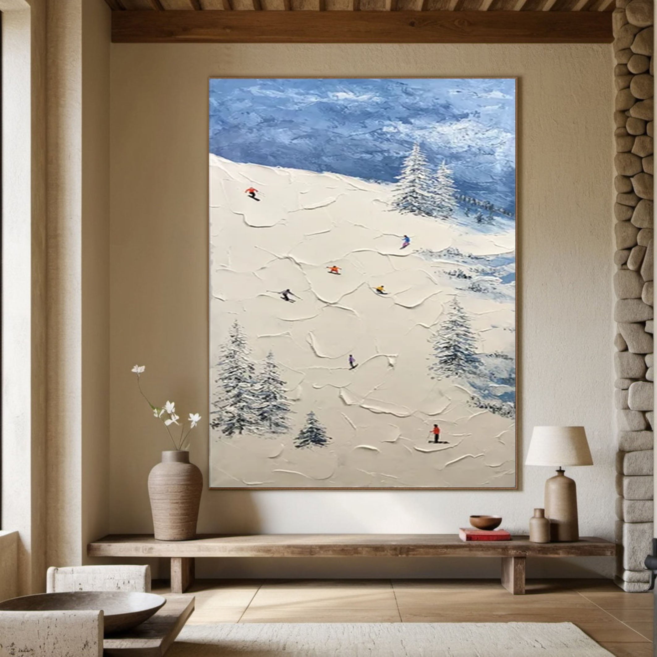 Winter Skiing Scene Wall Art Textured Canvas for Modern Mountain Home Decor #ASP 007