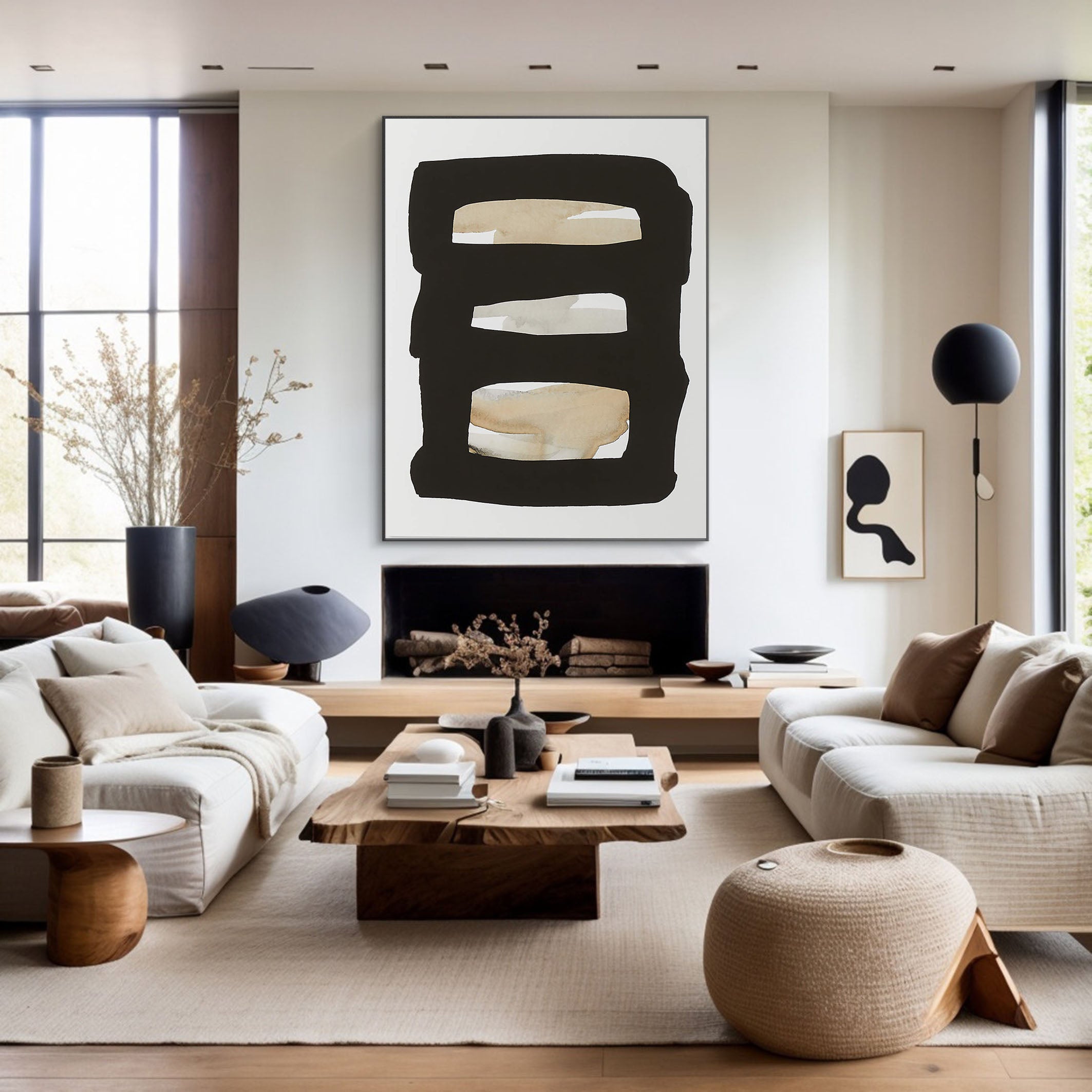 Horizontal Stripes Abstract - Black Beige Canvas Art #MMA 190