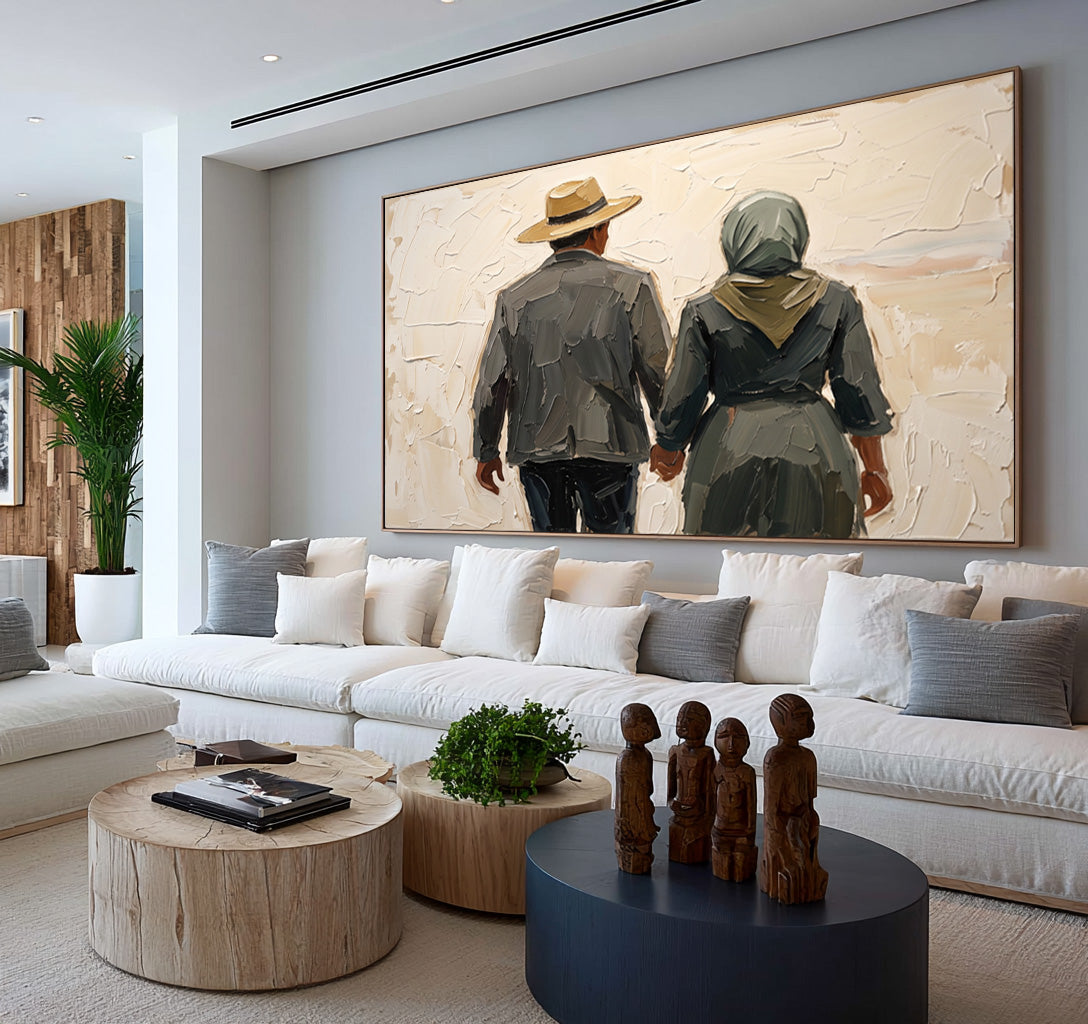 Large Modern Rustic Couple Portrait Wall Art Textured Oil Painting Country Inspired Figurative Artwork Contemporary Farmhouse Decor