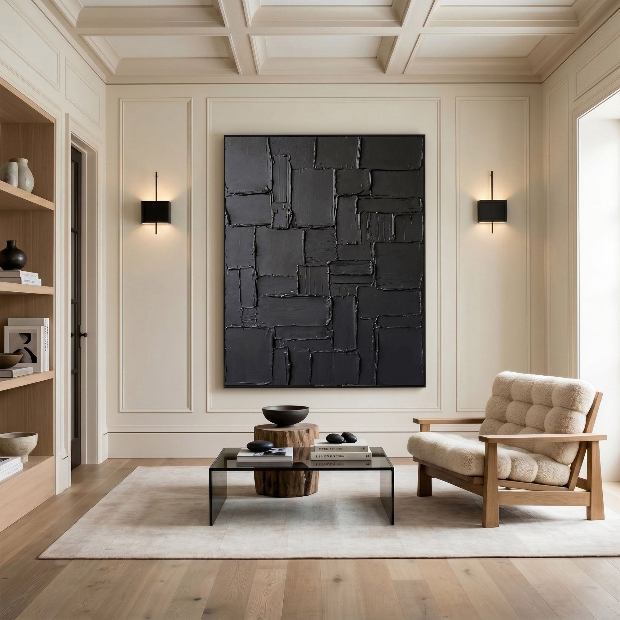 Large Black Abstract Wall Art Geometric Textured Oil Painting Modern Impasto Contemporary Interior Decor