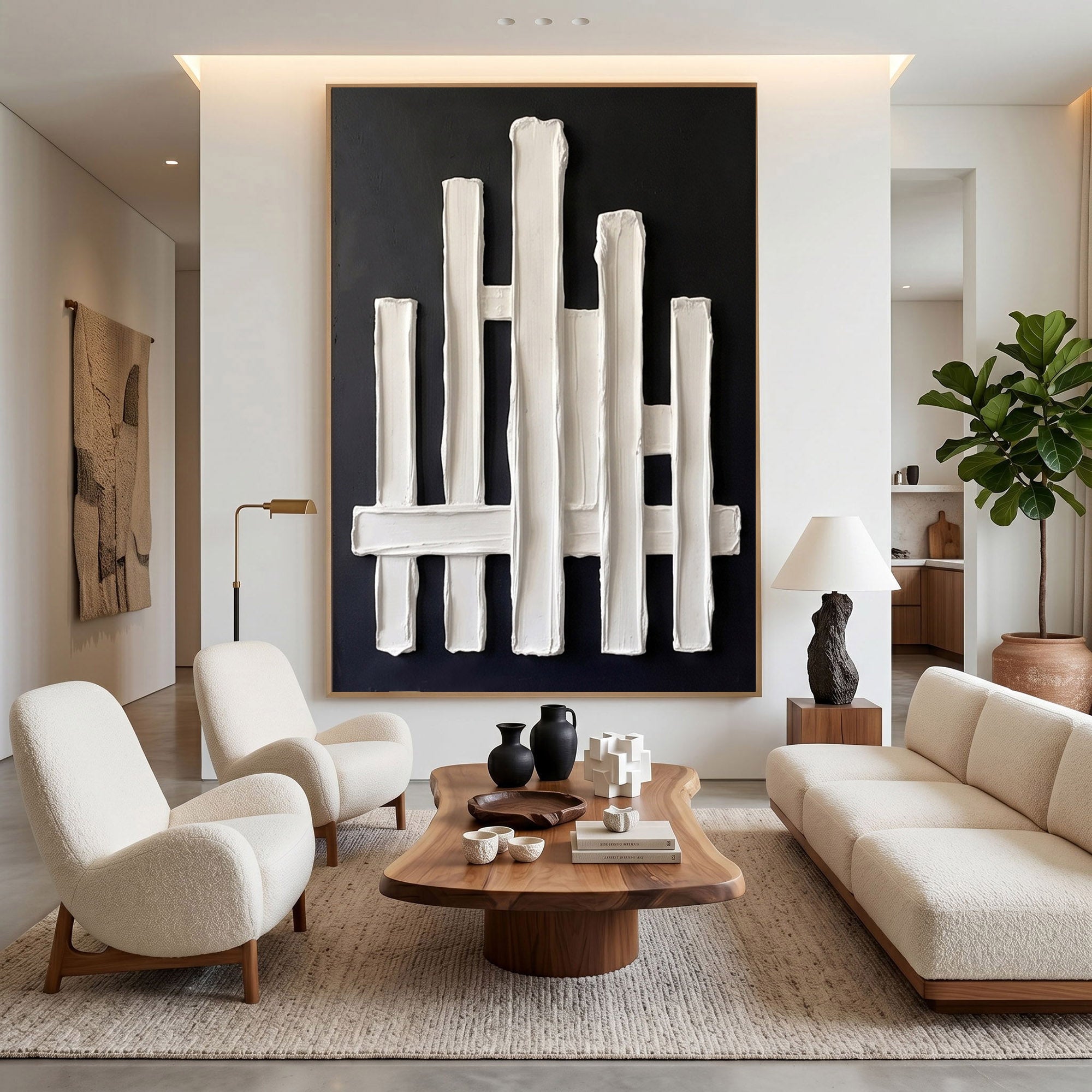 Large Abstract Textured Wall Art Black Plaster Painting Sculptural Modern Minimalist Luxury Interior Decor