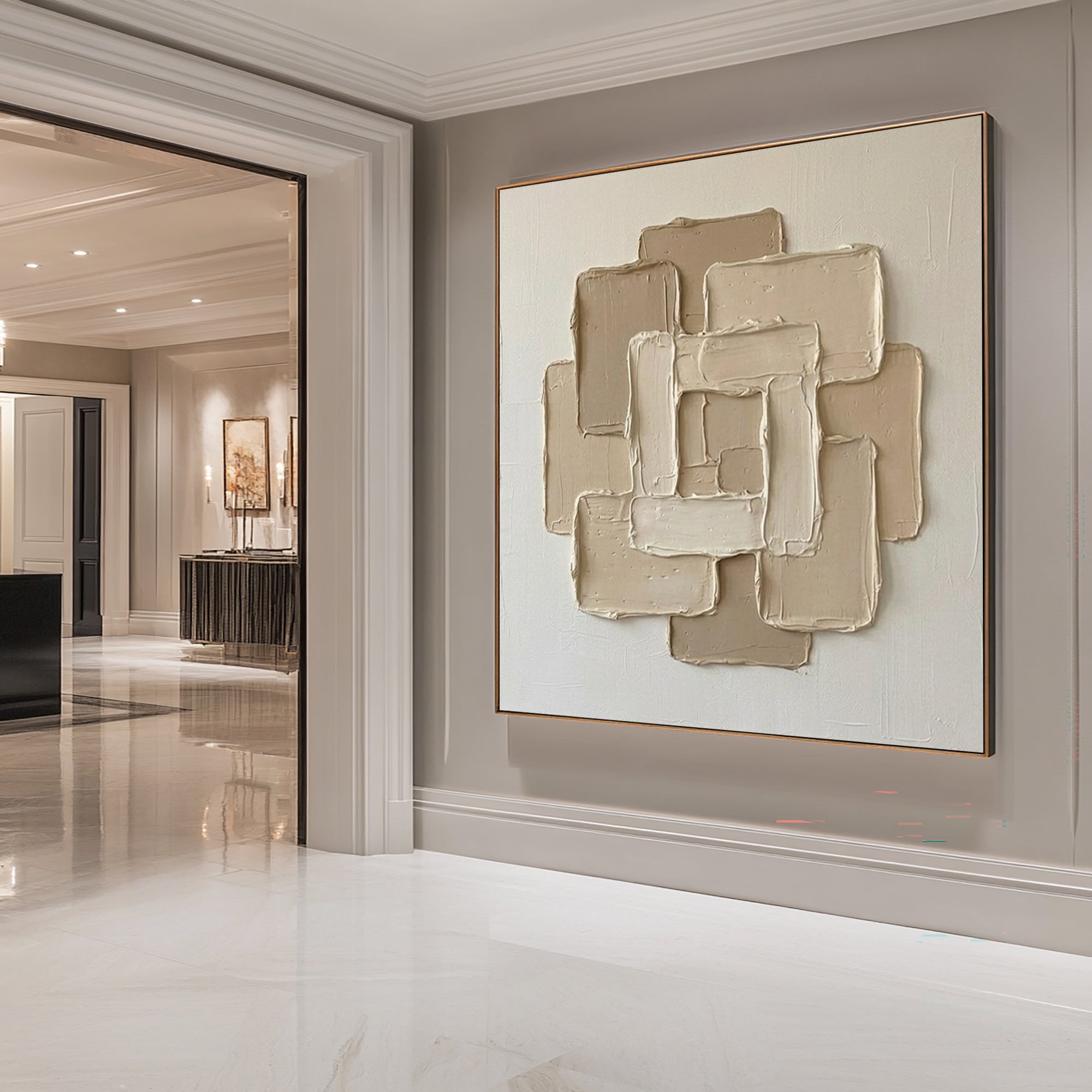 Large Geometric Relief Oil Painting – Neutral Contemporary Canvas Art