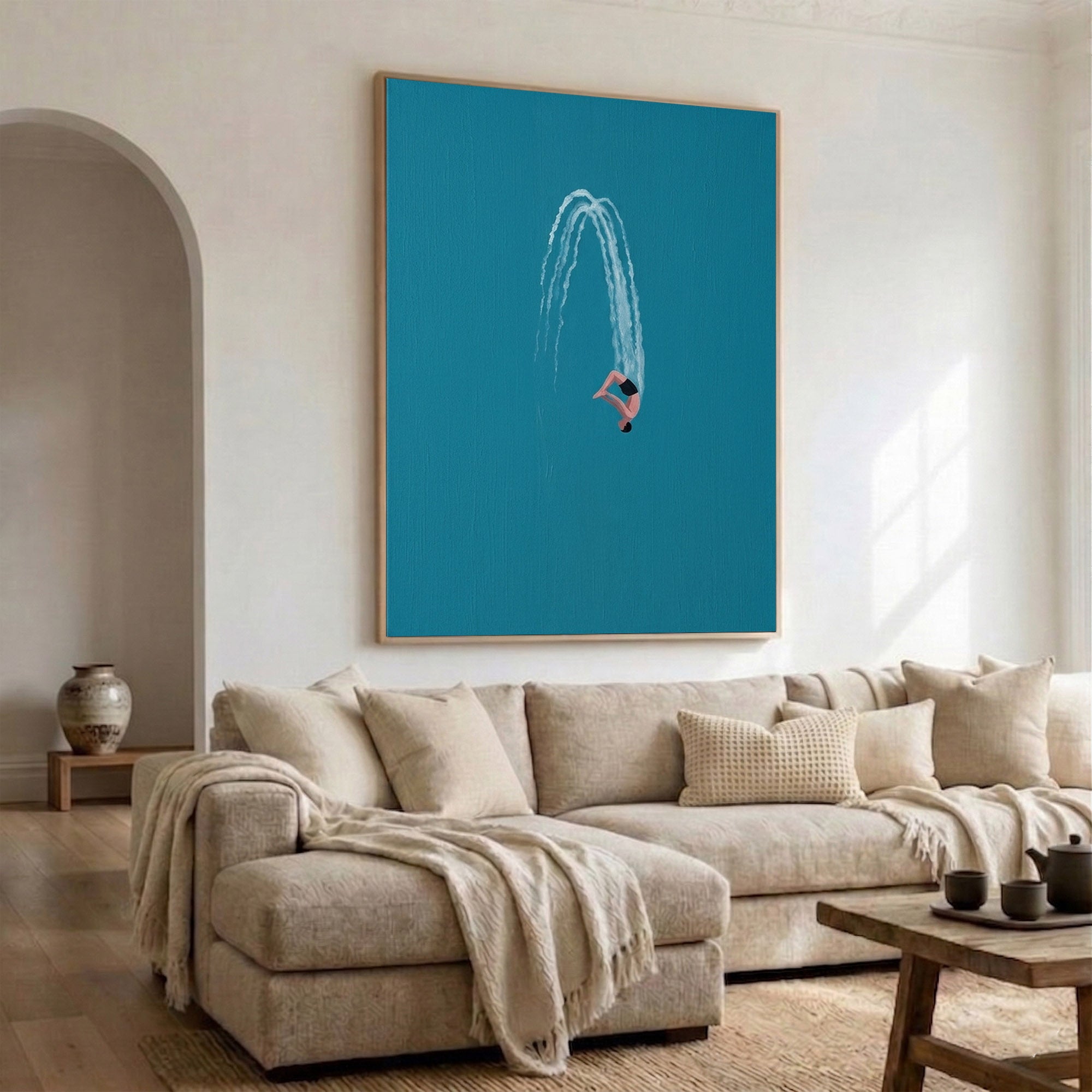 Large Contemporary Diver Wall Art Minimalist Blue Ocean Painting 