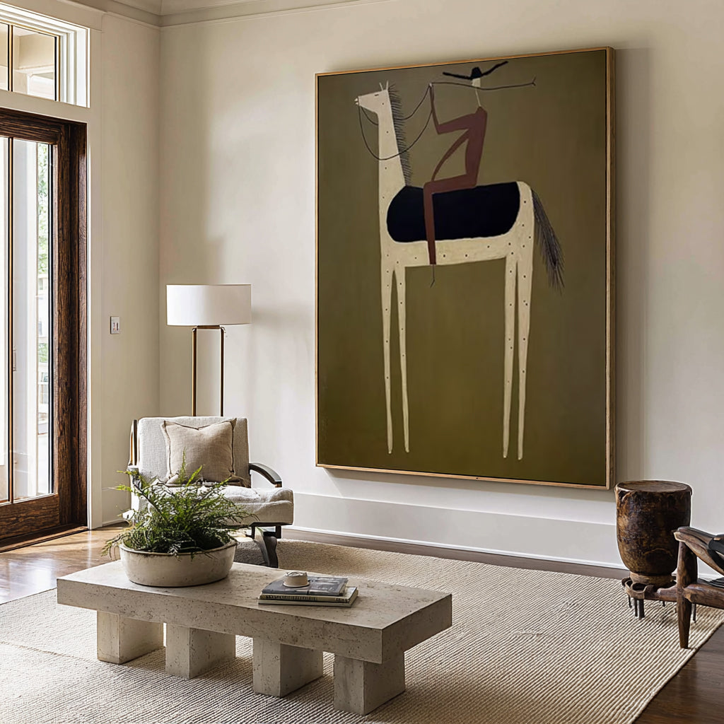 Oversized Olive Green Cowboy Horse Painting Modern Figurative Canvas Art