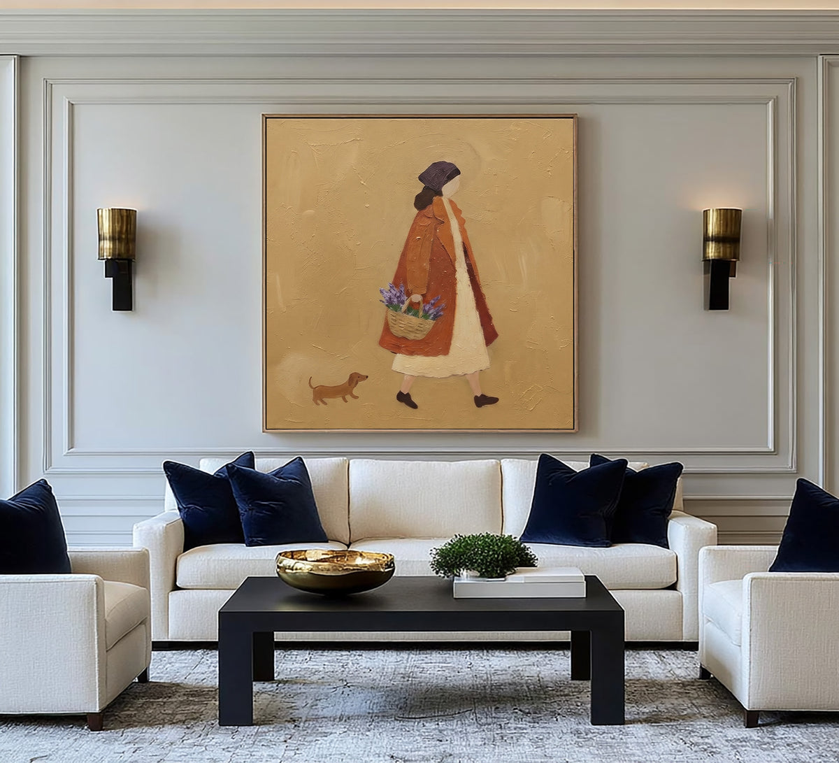 The Quiet Pleasure Of Wandering Original Figurative Painting Woman Dog Floral Basket European Interior Wall Art