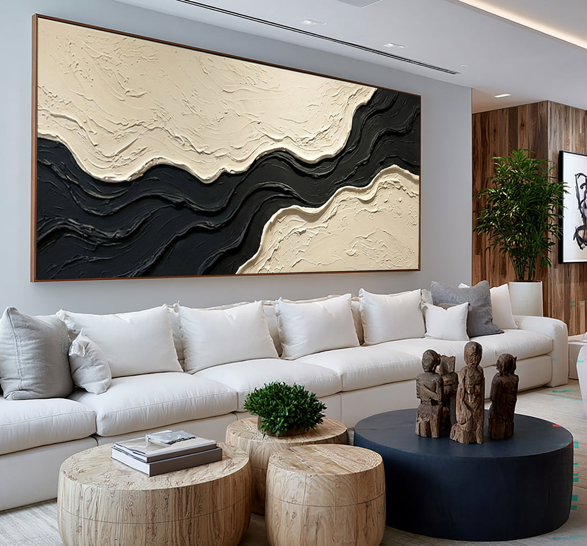 Large Contemporary Gallery Textured Abstract Wall Art Black Ivory Oil Painting Modern Luxury Interior Artwork