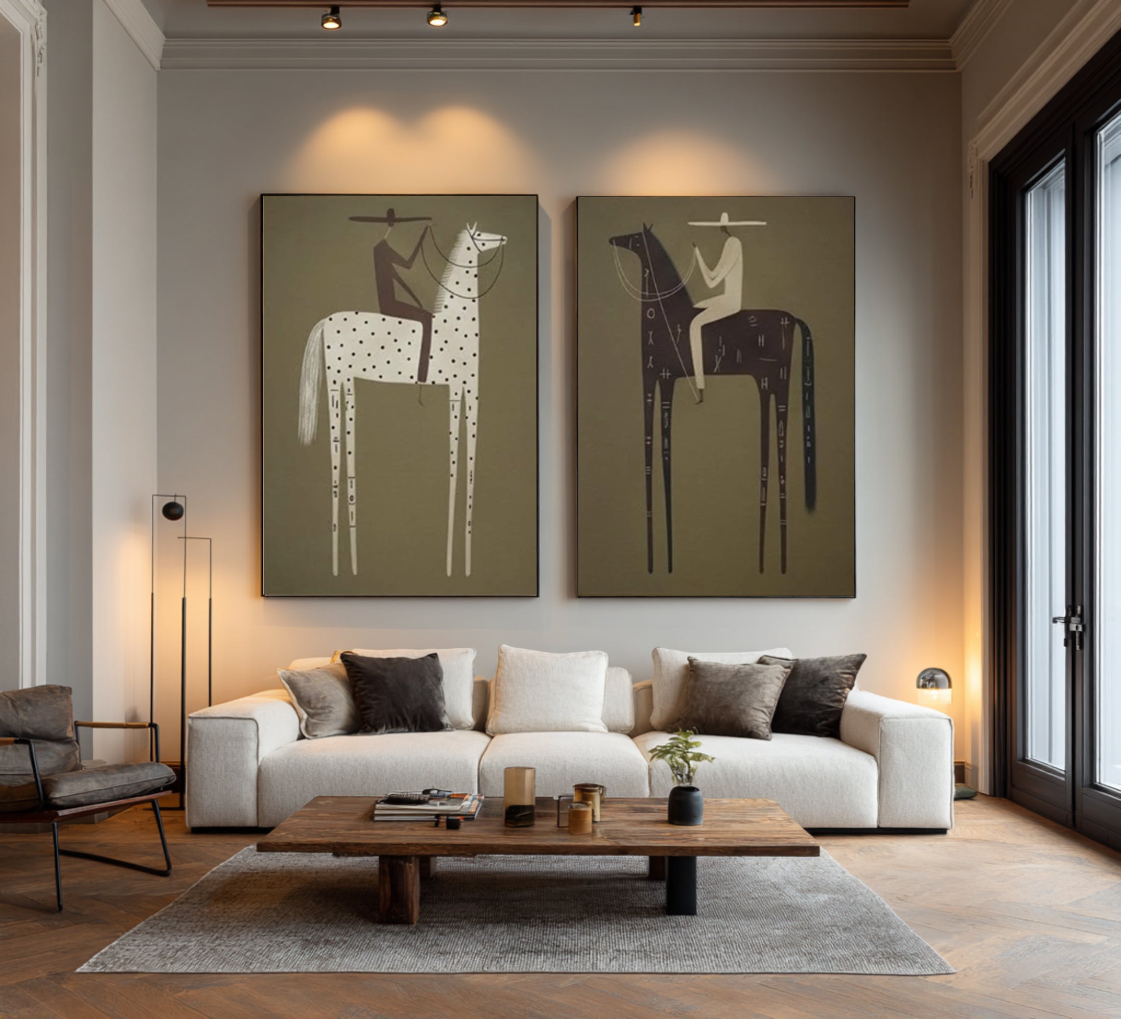 Large Bohemian Horse Rider Canvas Art Modern Neutral Diptych | KeiraArt