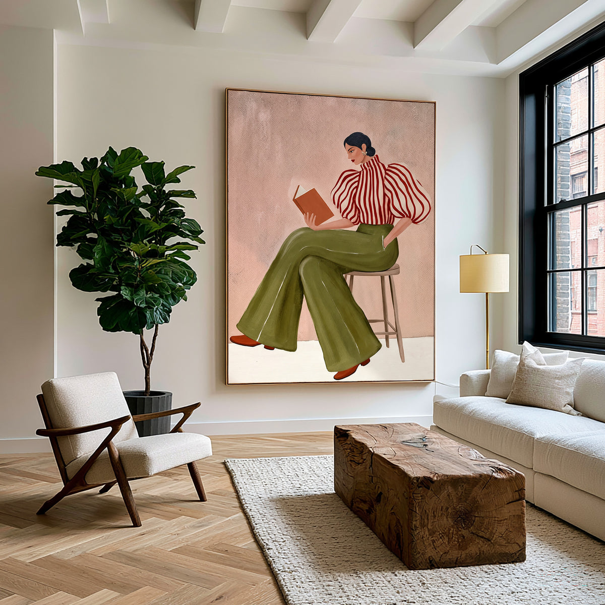 Large Textured Oil Painting Woman Reading Olive Green Trousers Fashion Wall Art