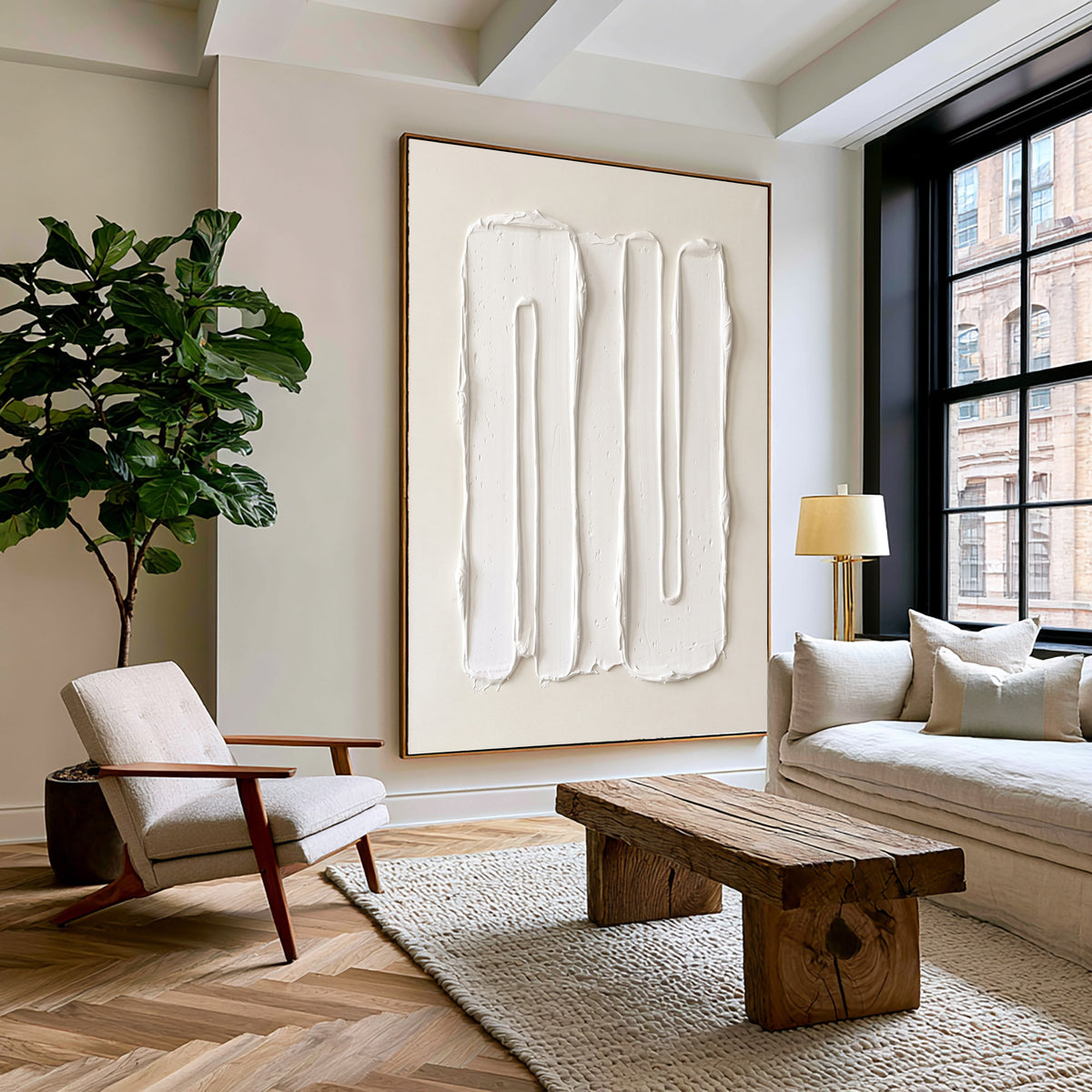 Large Modern Vertical Abstract Texture Wall Art Ivory White 3D Relief Oil Painting Minimalist Sculptural Contemporary Living Room Decor