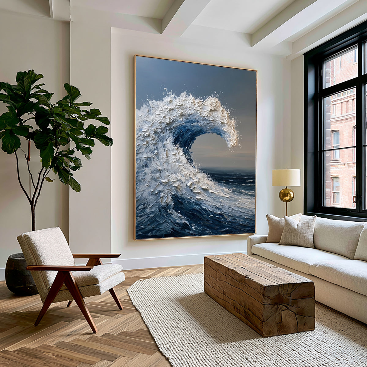 Large Wave Wall Art Textured Oil Painting Ocean Storm Sea Foam Blue Abstract Coastal Artwork Modern Statement Decor