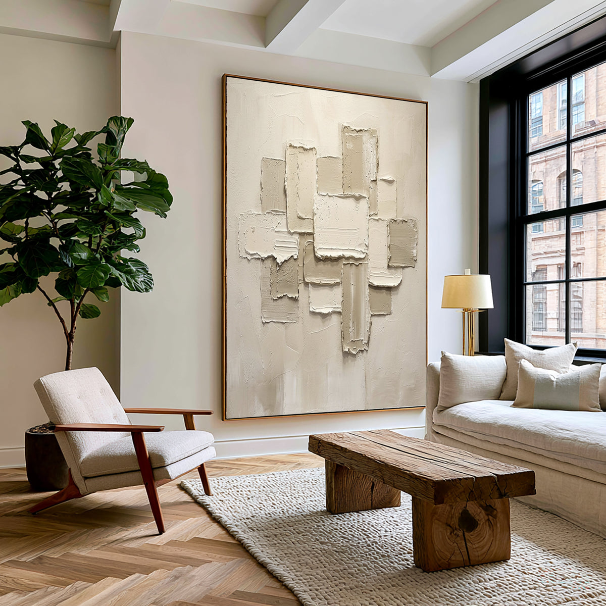 Large Modern Geometric Textured Abstract Wall Art White Beige 3D Relief Oil Painting Contemporary Sculptural Artwork Living Room Decor