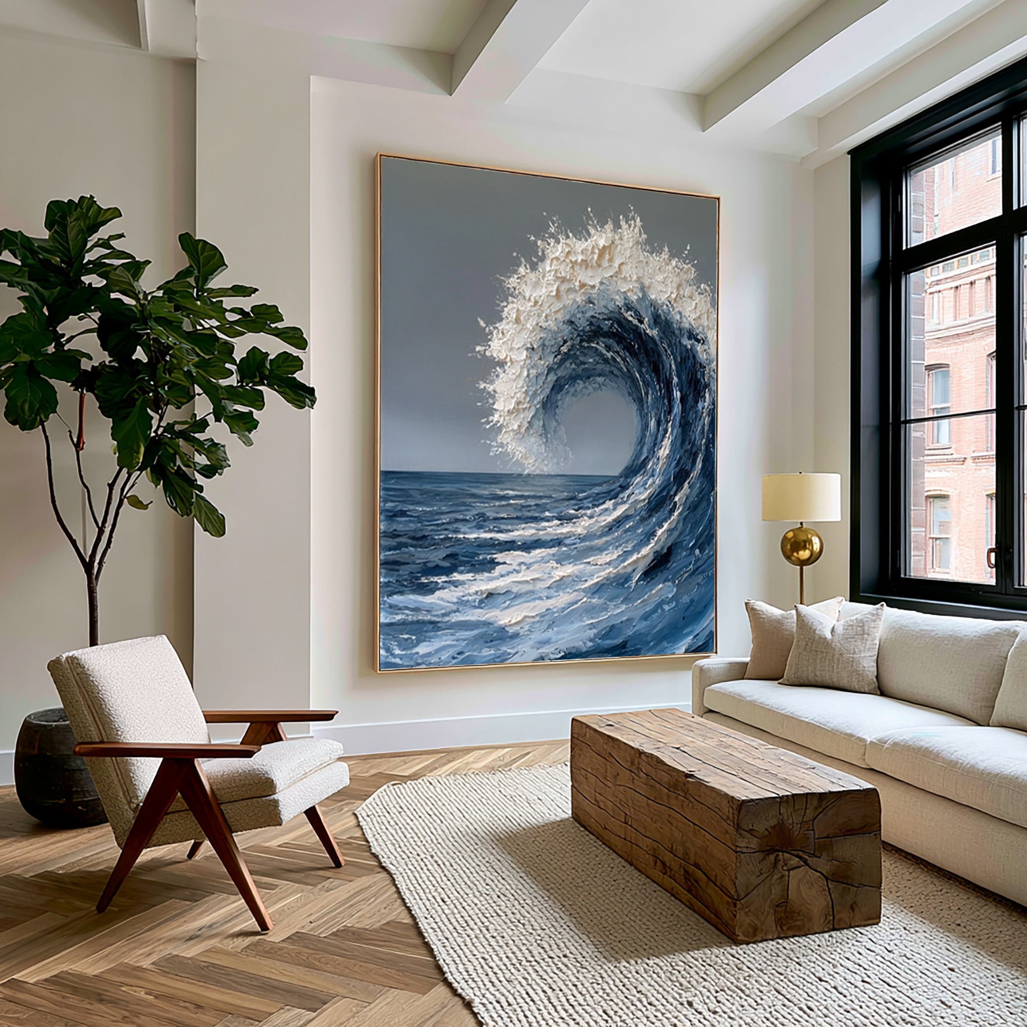 Large Textured Ocean Wave Wall Art Abstract Oil Painting Blue Sea Foam Coastal Artwork Modern Beach House Luxury Decor