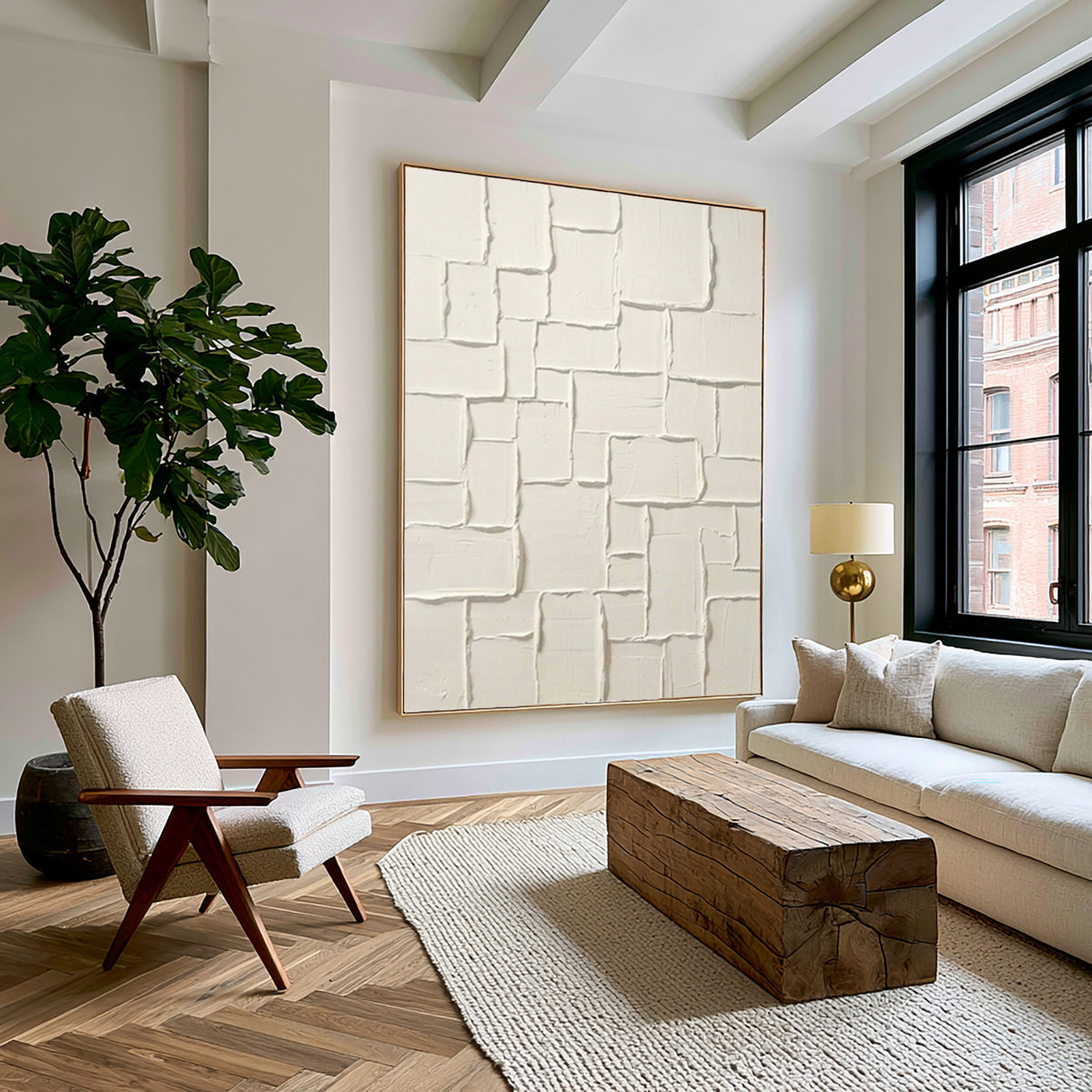 Large Architectural Block Relief Wall Art Ivory White Textured Abstract Painting Contemporary Interior Decor