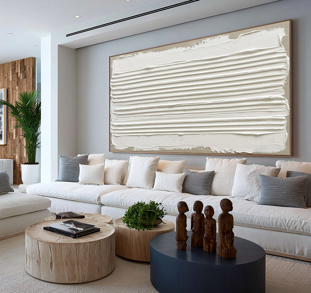 A Quiet Horizon Made By Hand Large White Textured Abstract Wall Art Sculptural Relief Artwork