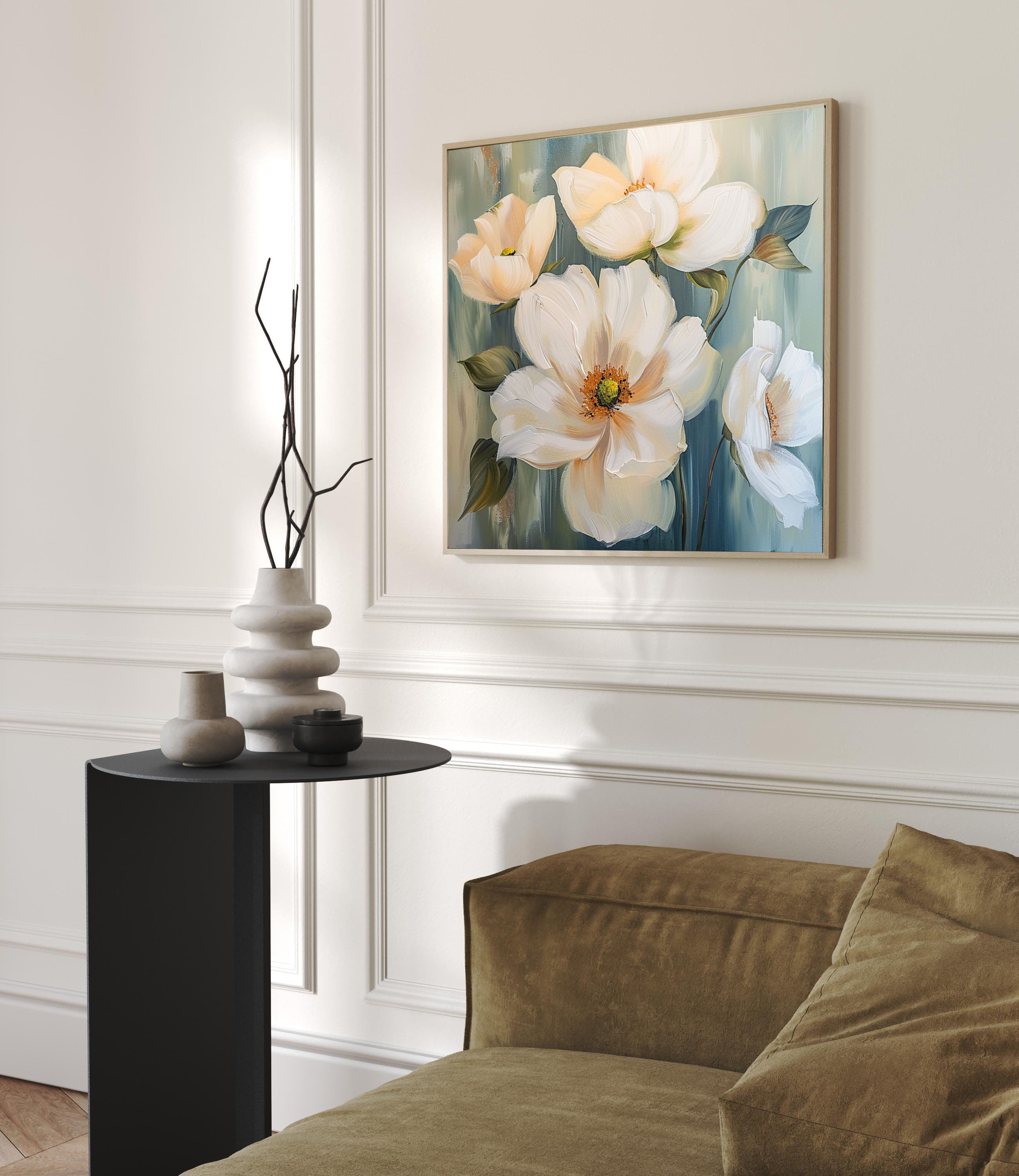 Large Floral Wall Art Tranquil White Blooms on Canvas #FT 019