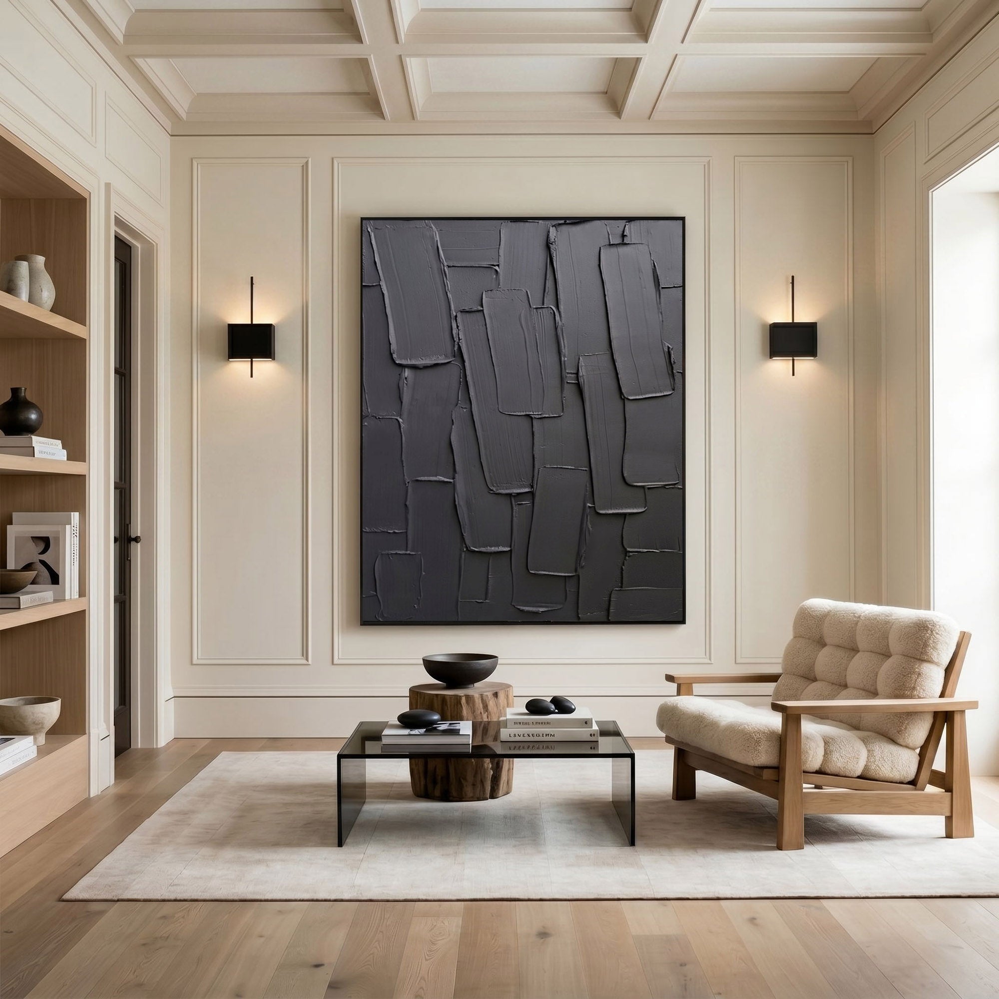 Large Charcoal Textured Wall Art Abstract Oil Painting Modern Impasto Minimalist Luxury Interior Decor