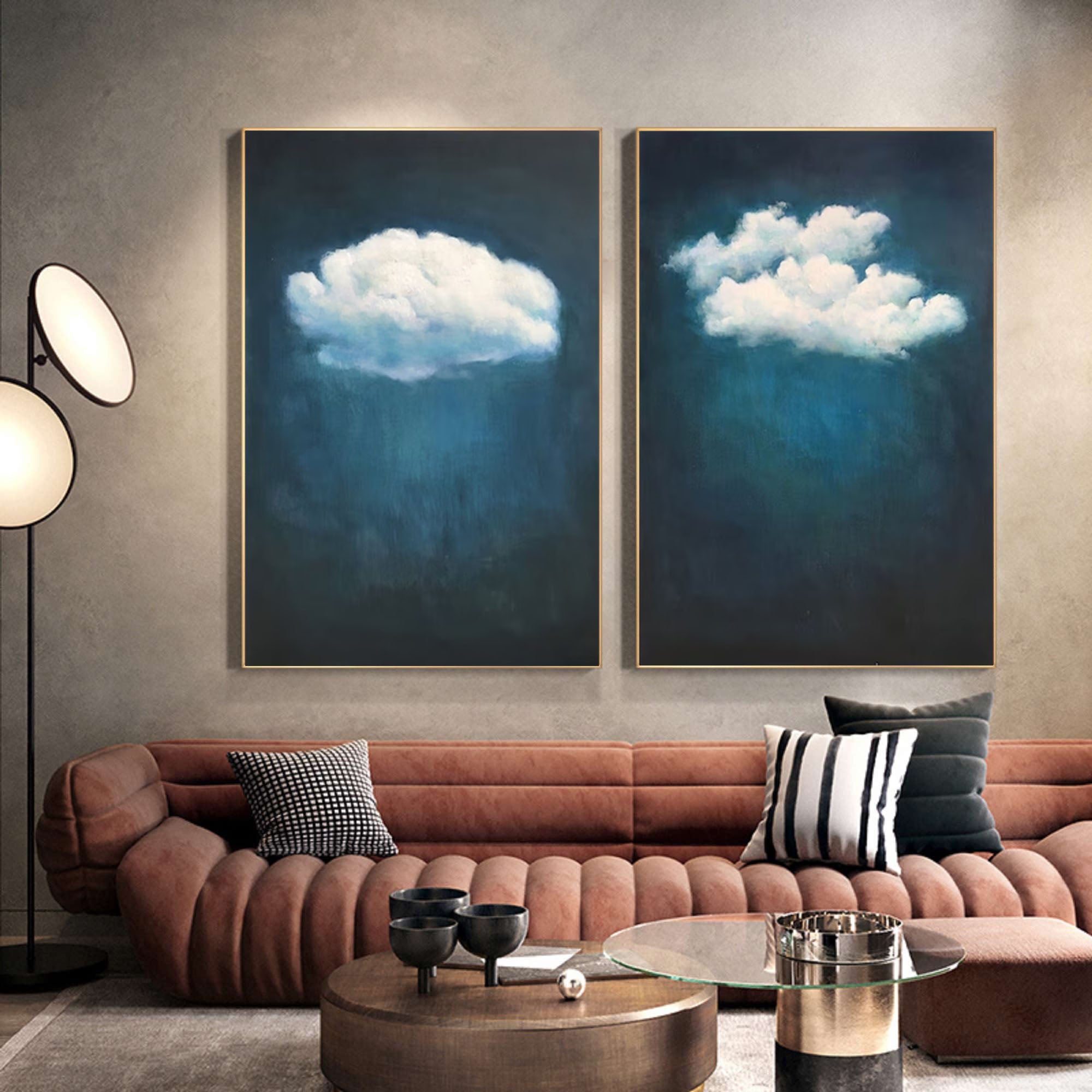 Teal Tranquility Cloud Paintings for Modern Home Decor Set Of 2 #OS 072