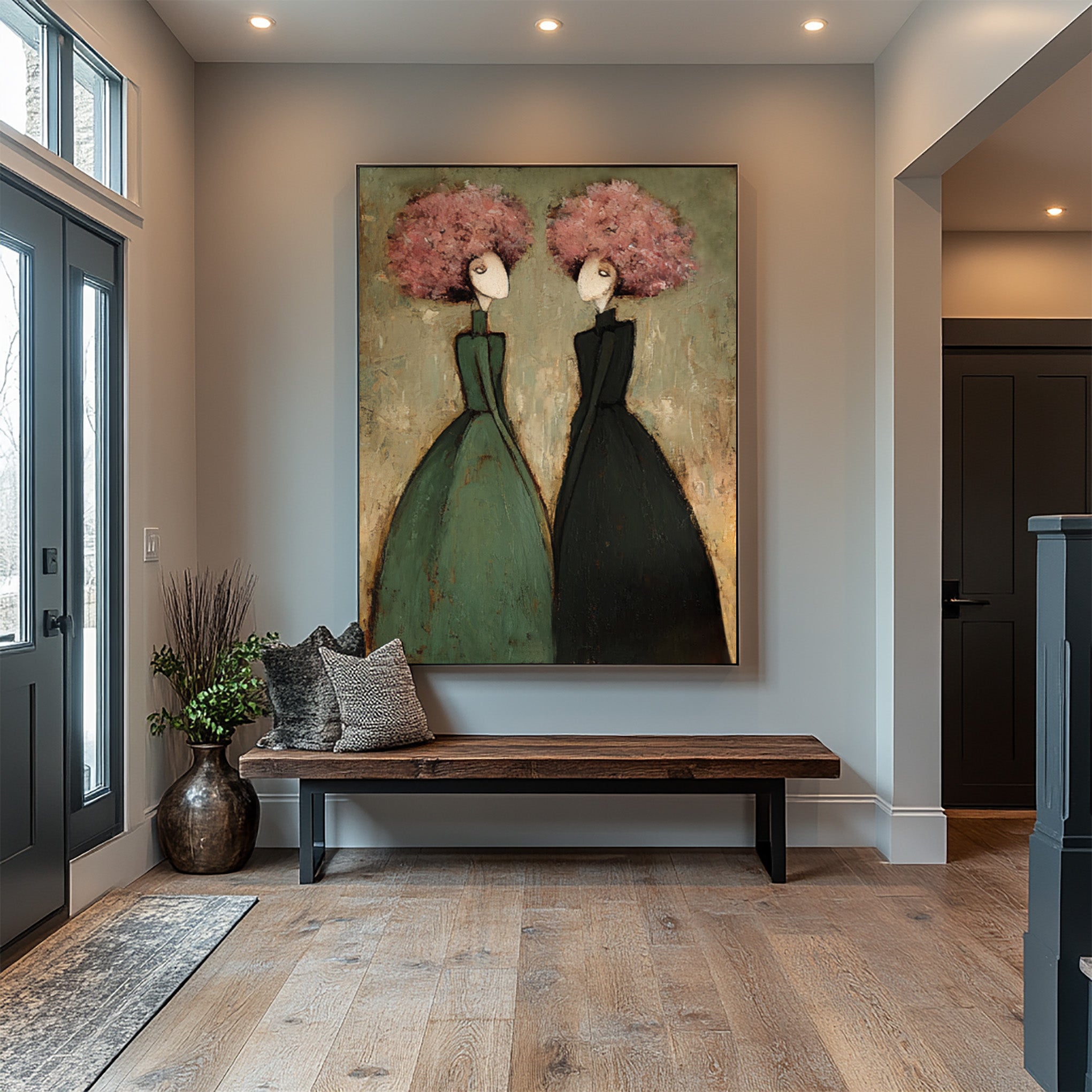 Green Figurative Oil Painting of Two Women #CZ 033