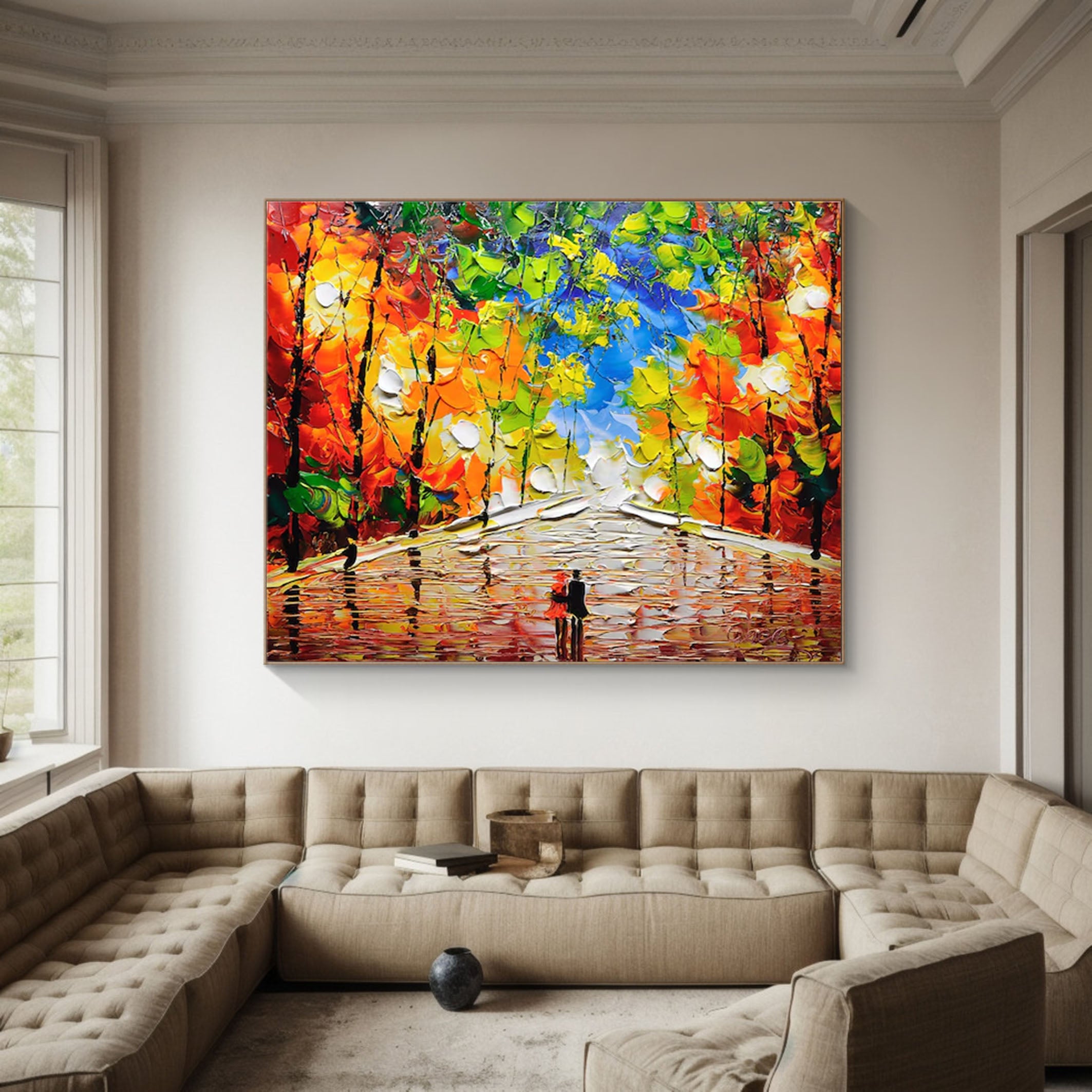 Autumn Romance Vibrant Colorful Tree and River Landscape Painting #FT 044