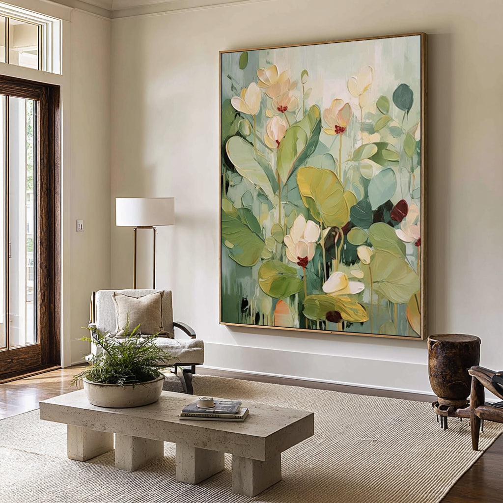 Oversized Green Botanical Canvas Art Contemporary Floral Painting