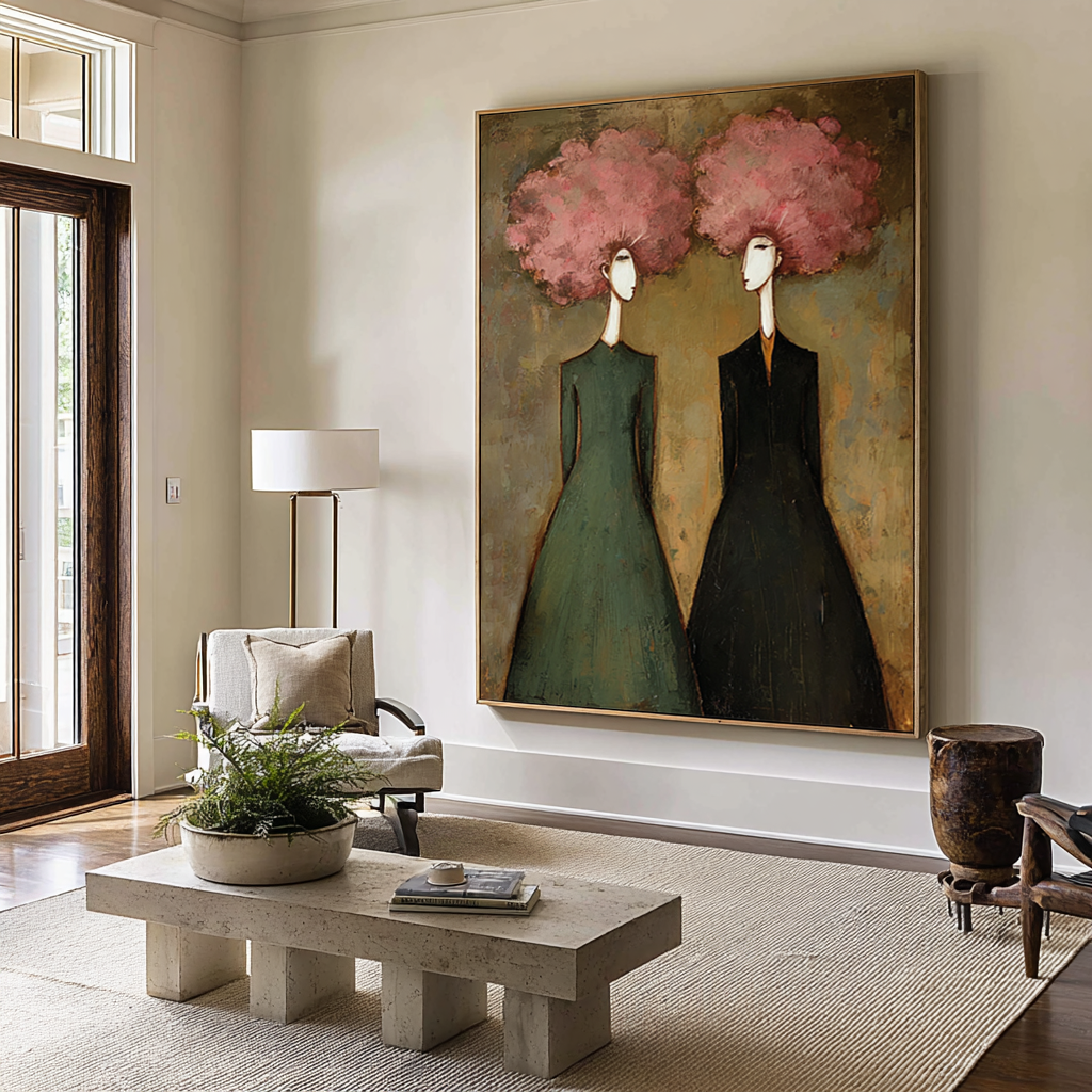 Elegant Figurative Oil Painting in Green and Pink #CZ 050