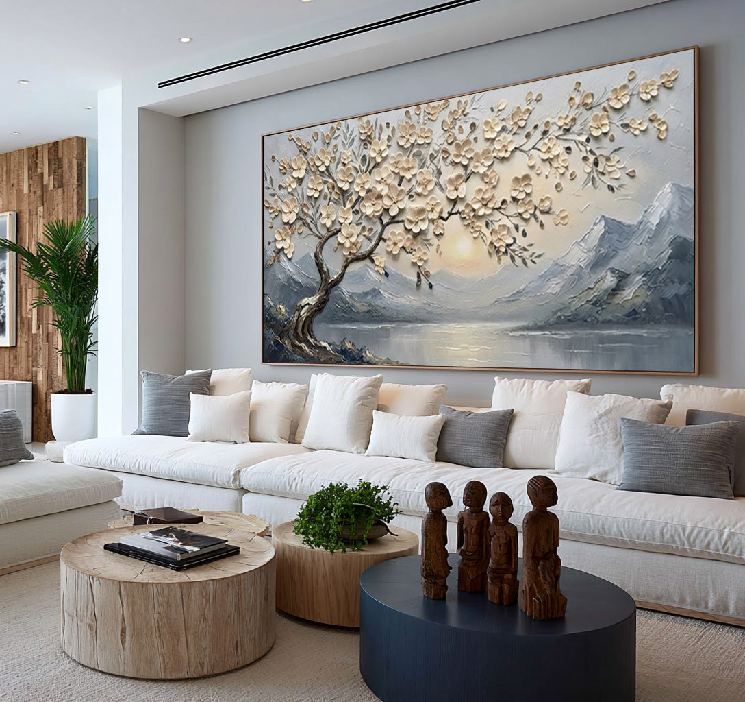 Large Textured Blossom Tree Painting Peaceful Mountain Lake Wall Art