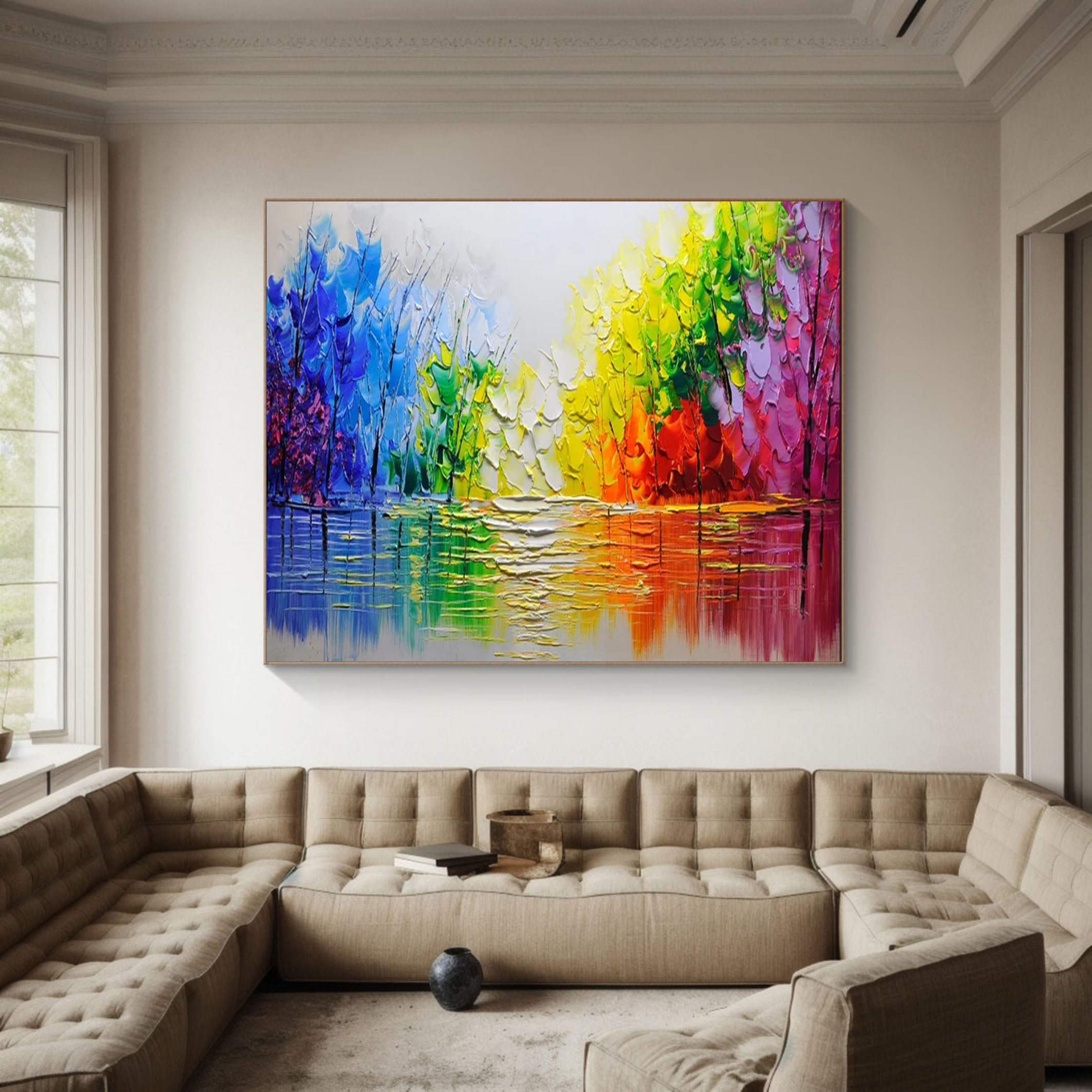 Autumn Romance Vibrant Colorful Tree and River Landscape Painting #FT 048