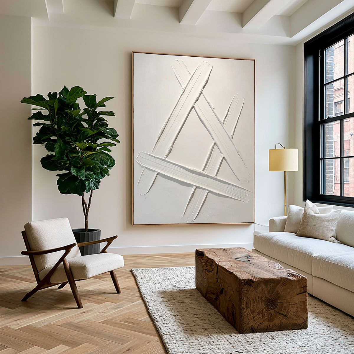 Architectural Lines Sculptural White Abstract Artwork Handmade Textured Geometric Painting Contemporary Wall Decor