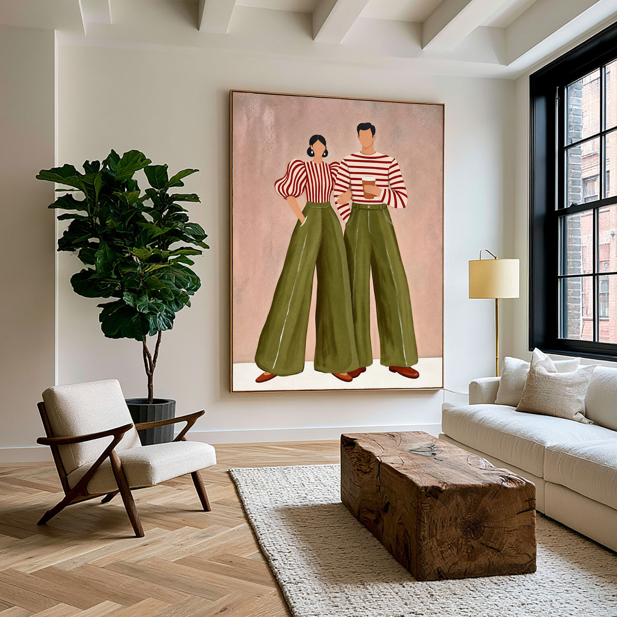 Olive Green Blush Pink Couple Painting Modern Wall Art